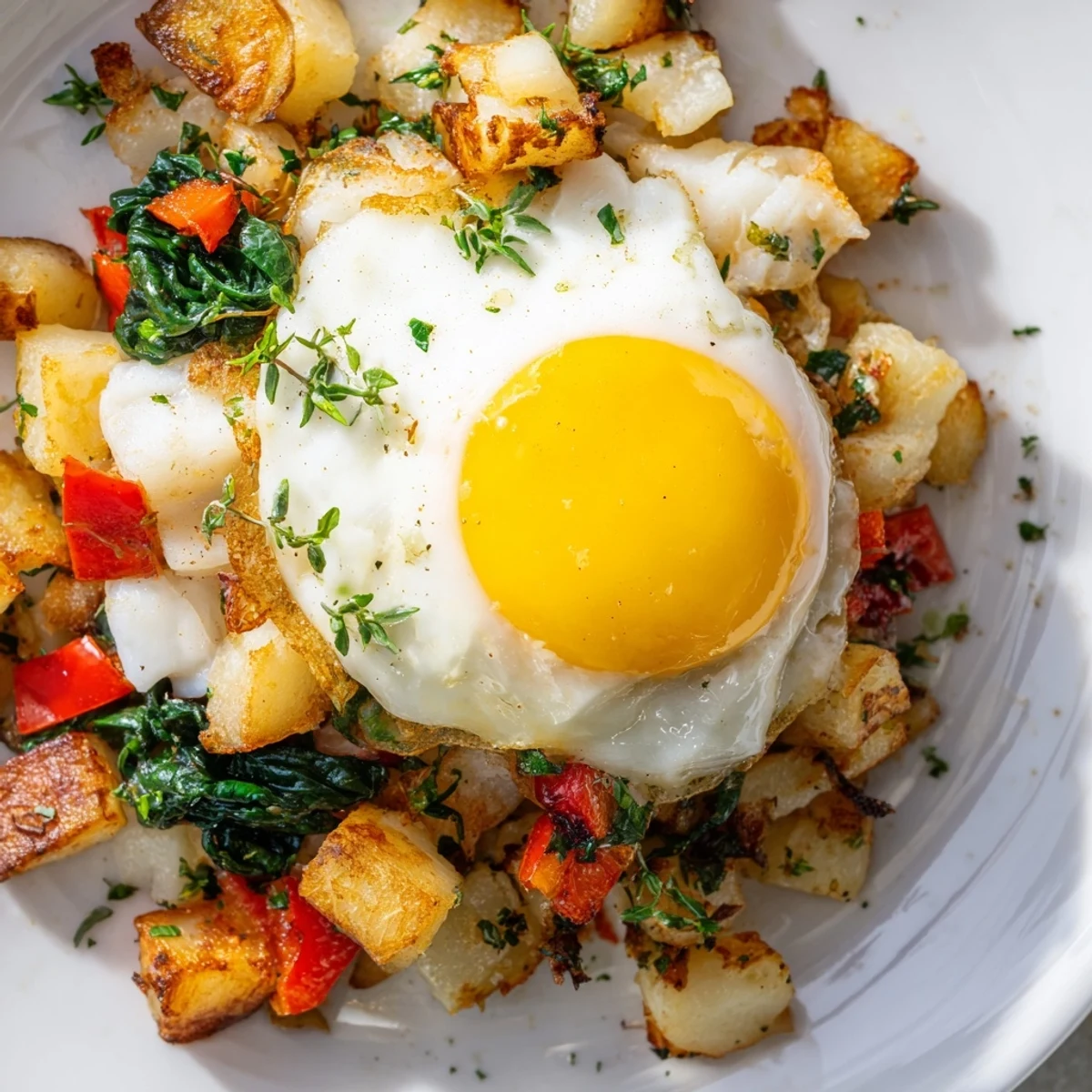 Close-up of a wholesome Baked Fish Breakfast Hash served on a plate, showcasing crispy potatoes, tender fish, and vibrant red and yellow vegetables.