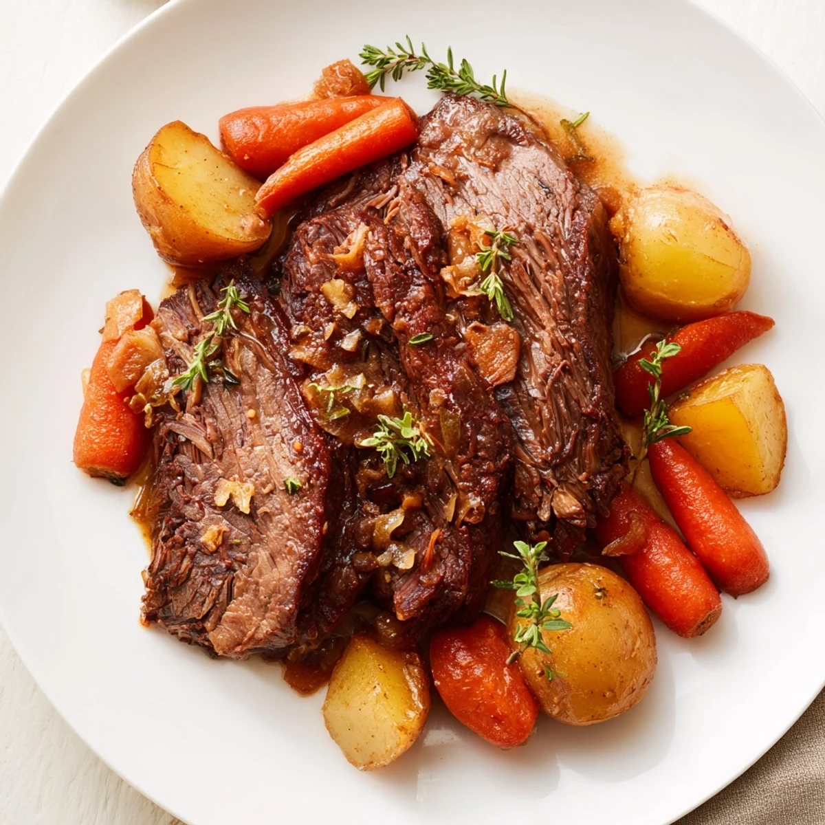 Tender slices of Beef Supper Roast rest alongside golden potatoes and carrots, drizzled with rich pan juices.