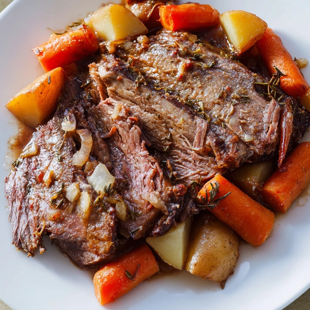Hearty slices of Beef Supper Roast plated with fork-tender vegetables, ready for a comforting family dinner.