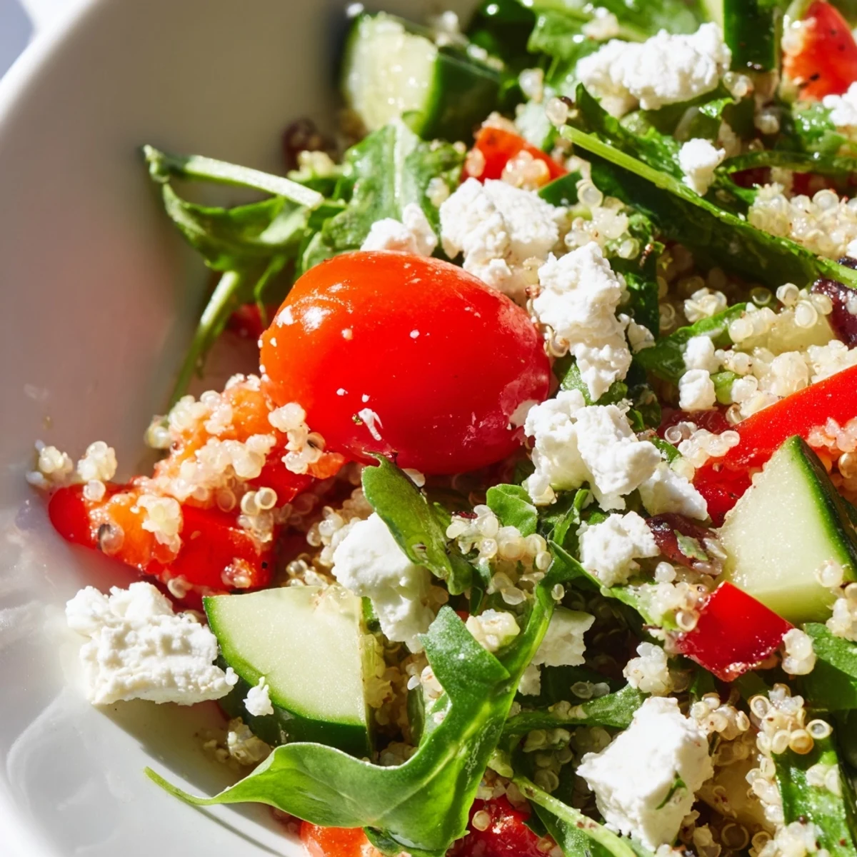 Colorful Mediterranean Supper Salad featuring quinoa, cucumbers, and Kalamata olives, served with lemon wedges for bright flavor.