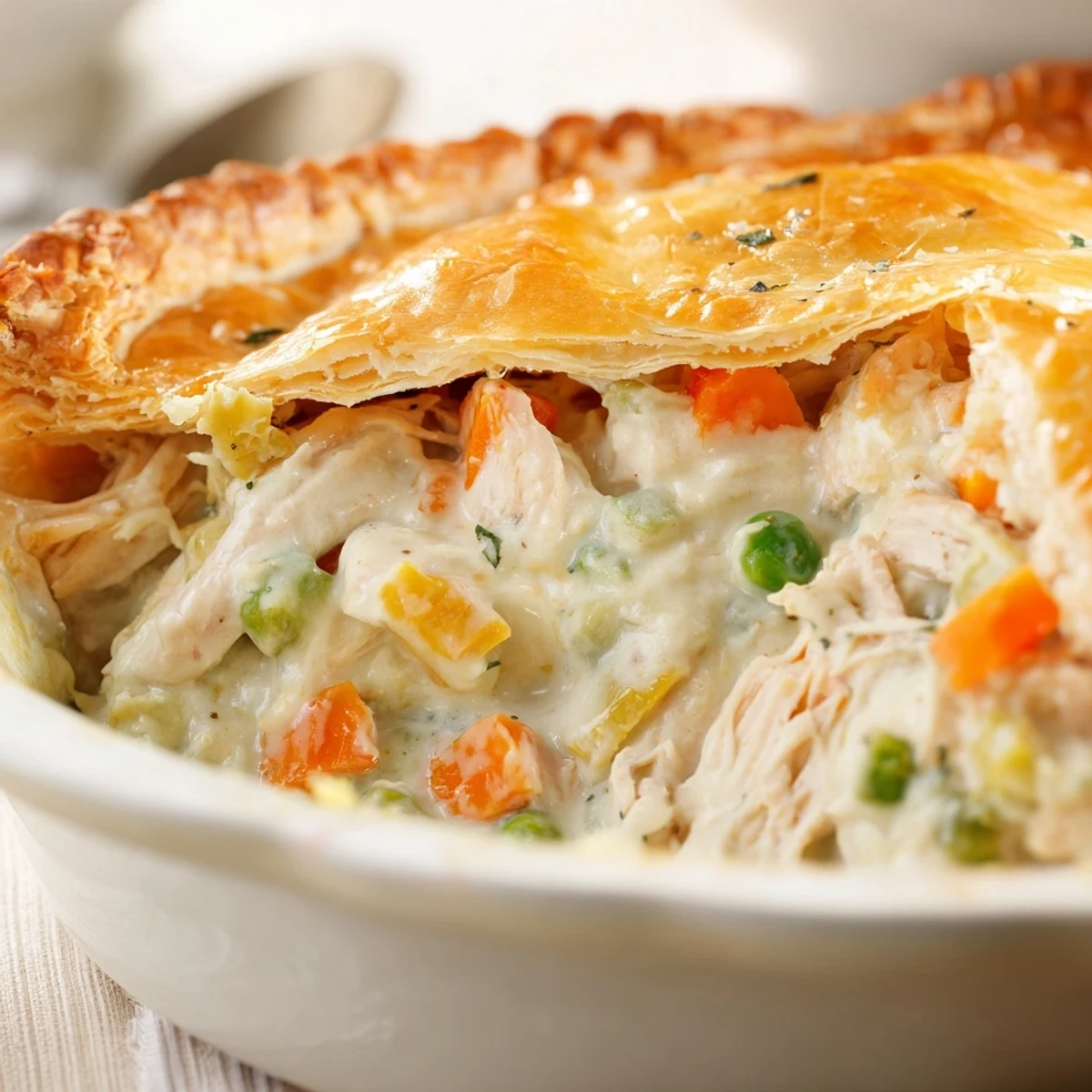 Golden-crusted Chicken Supper Pie rests beside a glass of white wine on a wooden table.
