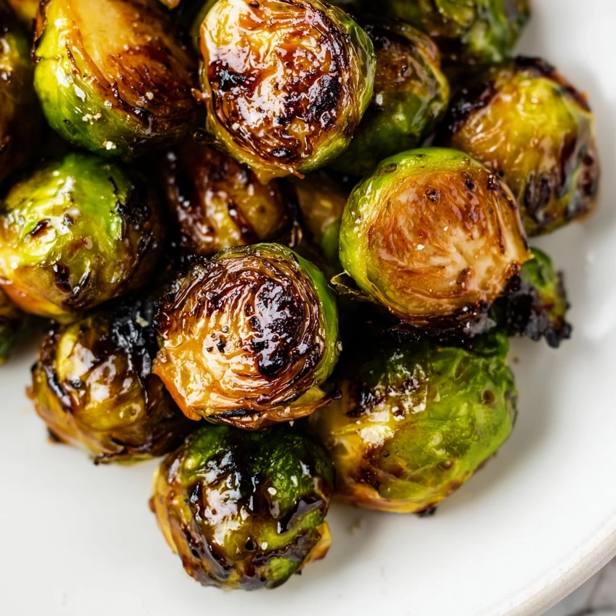 Roasted Brussels sprouts with balsamic glaze are golden, crisp-tender, and drizzled over a rustic platter.