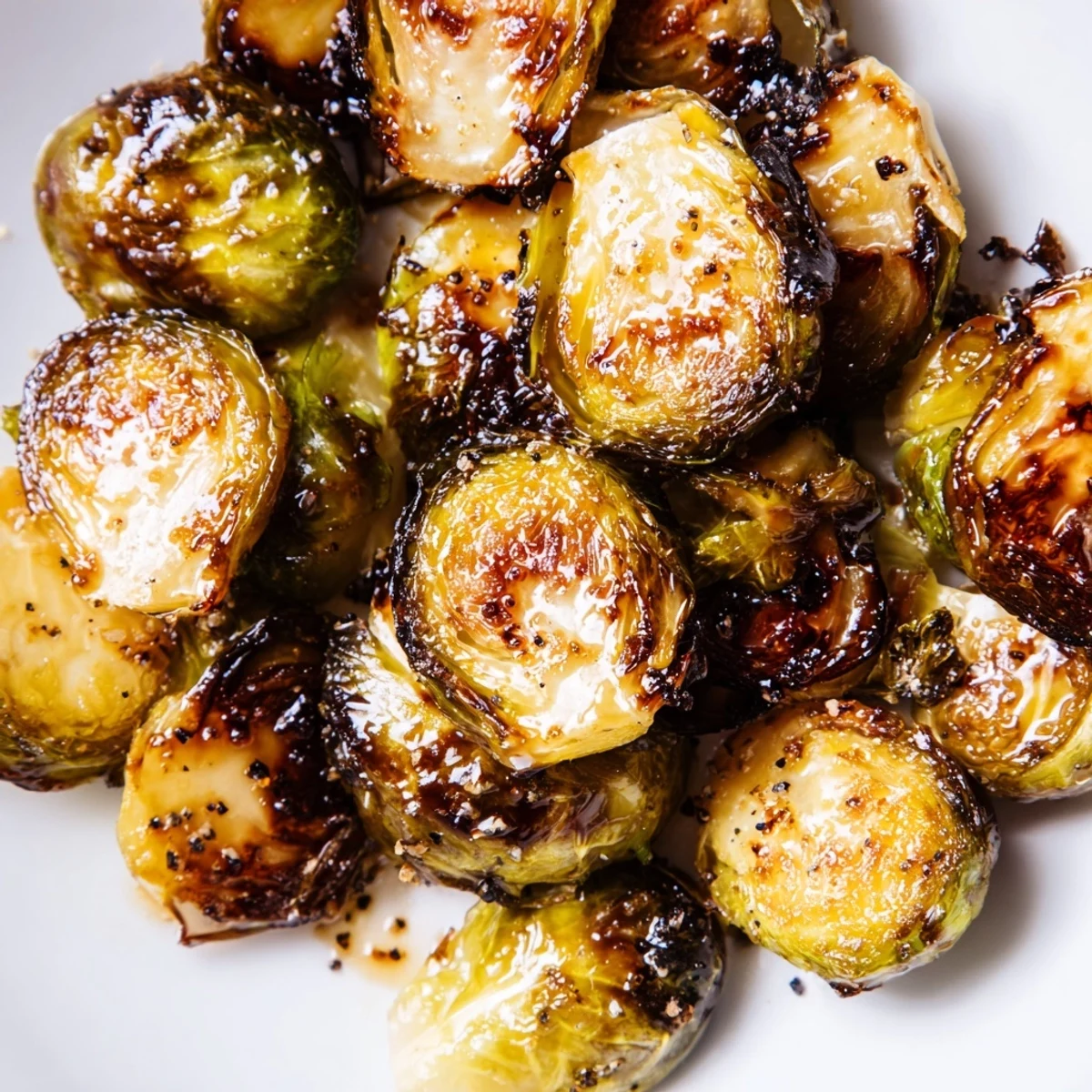 Golden Roasted Brussels sprouts with balsamic glaze glisten beside a fork, ready to serve.