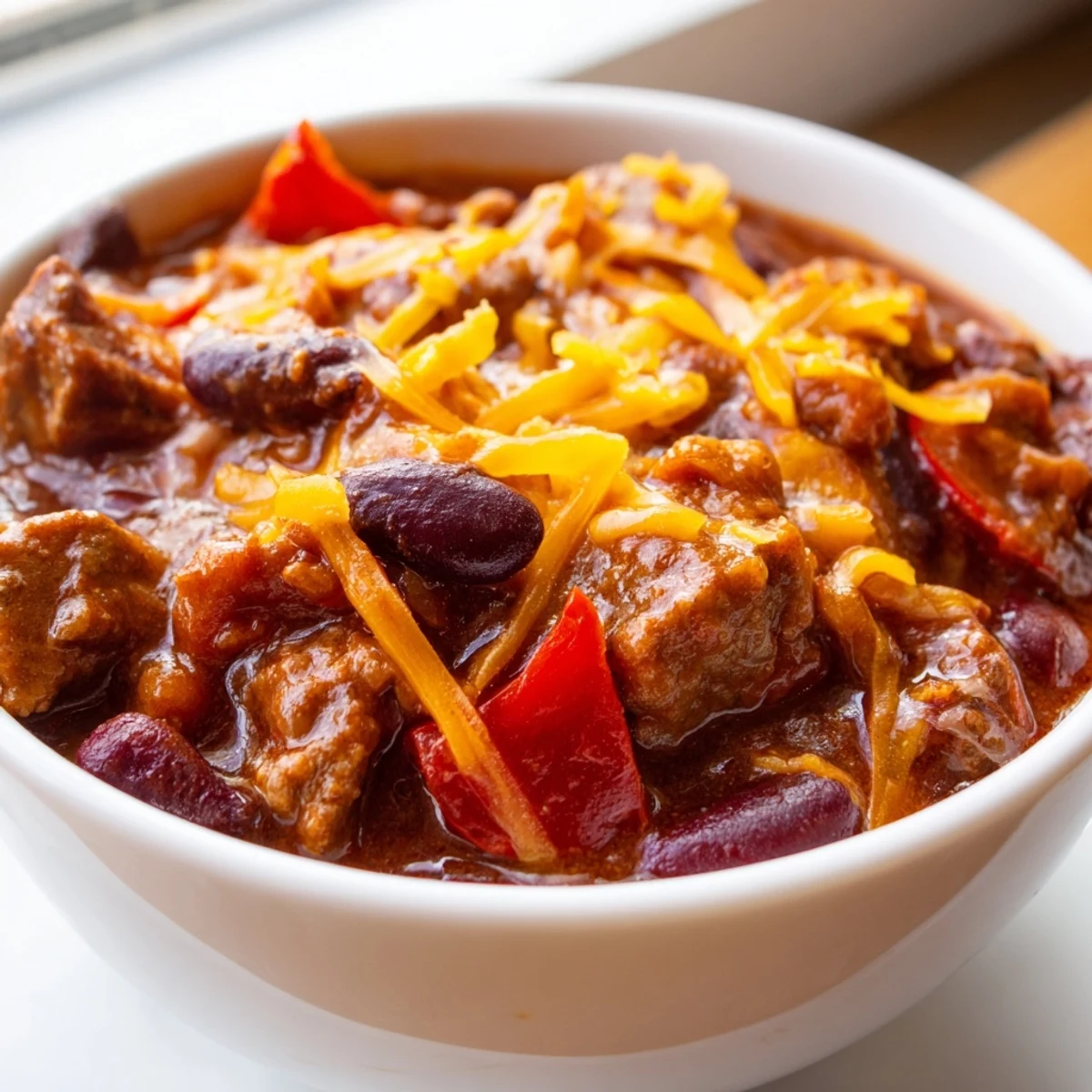 A steaming bowl of Beef and Bean Chili with Cheddar Cheese, garnished with fresh cilantro and green onions, served hot.