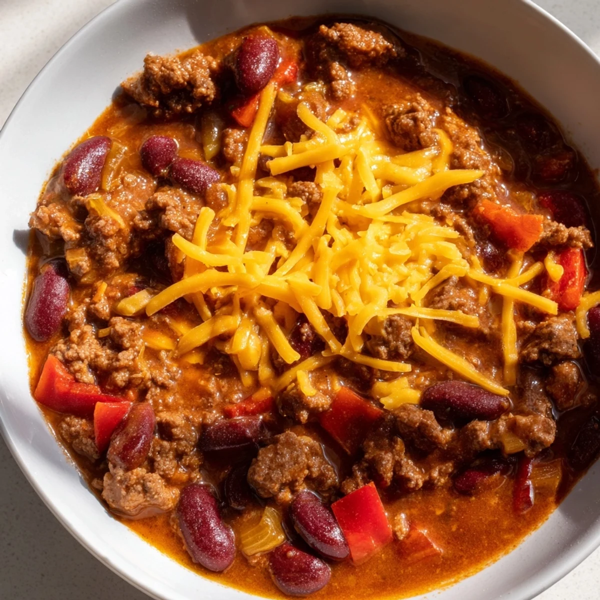 Close-up of hearty Beef and Bean Chili with Cheddar Cheese, showing tender beef, beans, and rich sauce topped with melted cheddar.