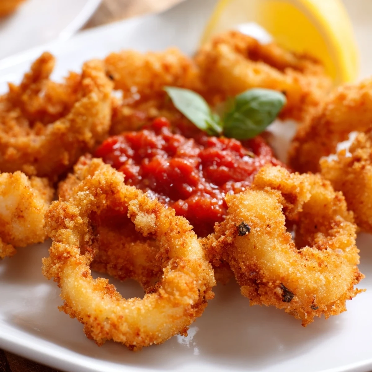 Crispy Calamari with Marinara Dipping Sauce piled high on a rustic wooden board, showcasing the crunchy texture and tangy red sauce.