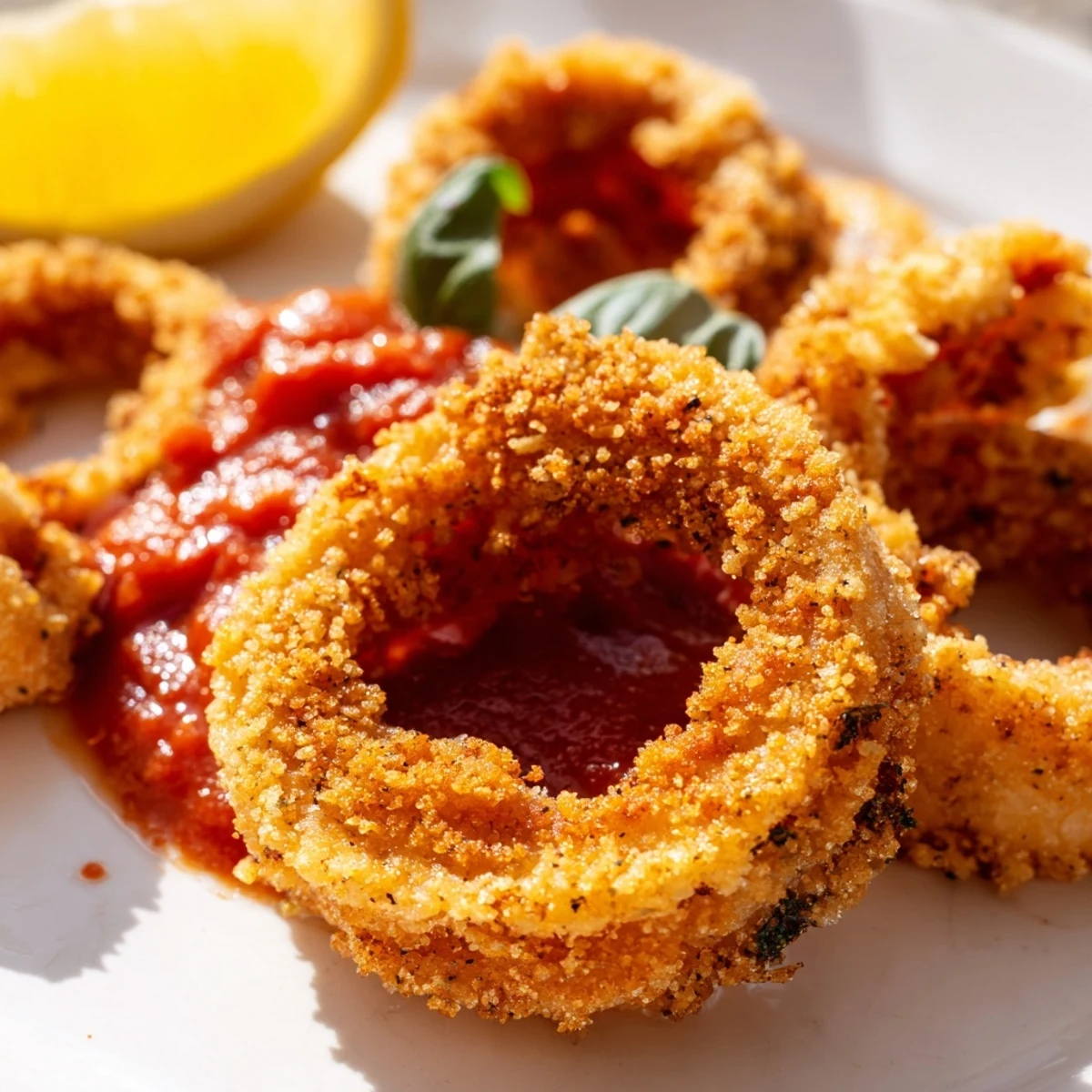 Golden-brown crispy calamari rings with marinara dipping sauce on a white plate, garnished with fresh parsley and lemon wedges.