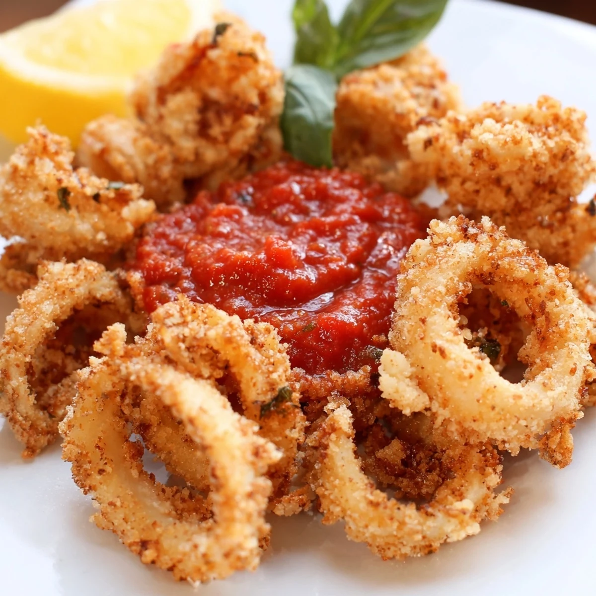 Freshly fried Crispy Calamari with Marinara Dipping Sauce served with lemon wedges, perfect for a Mediterranean appetizer platter.