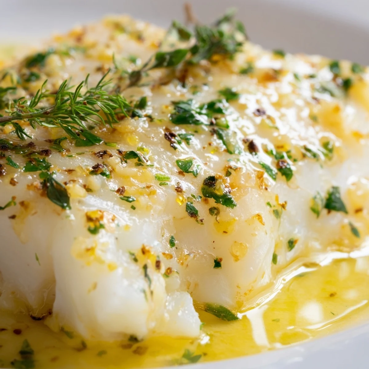 Golden-brown Baked Cod with Garlic Butter and Herbs flaking perfectly on a plate, garnished with fresh parsley and lemon wedges.