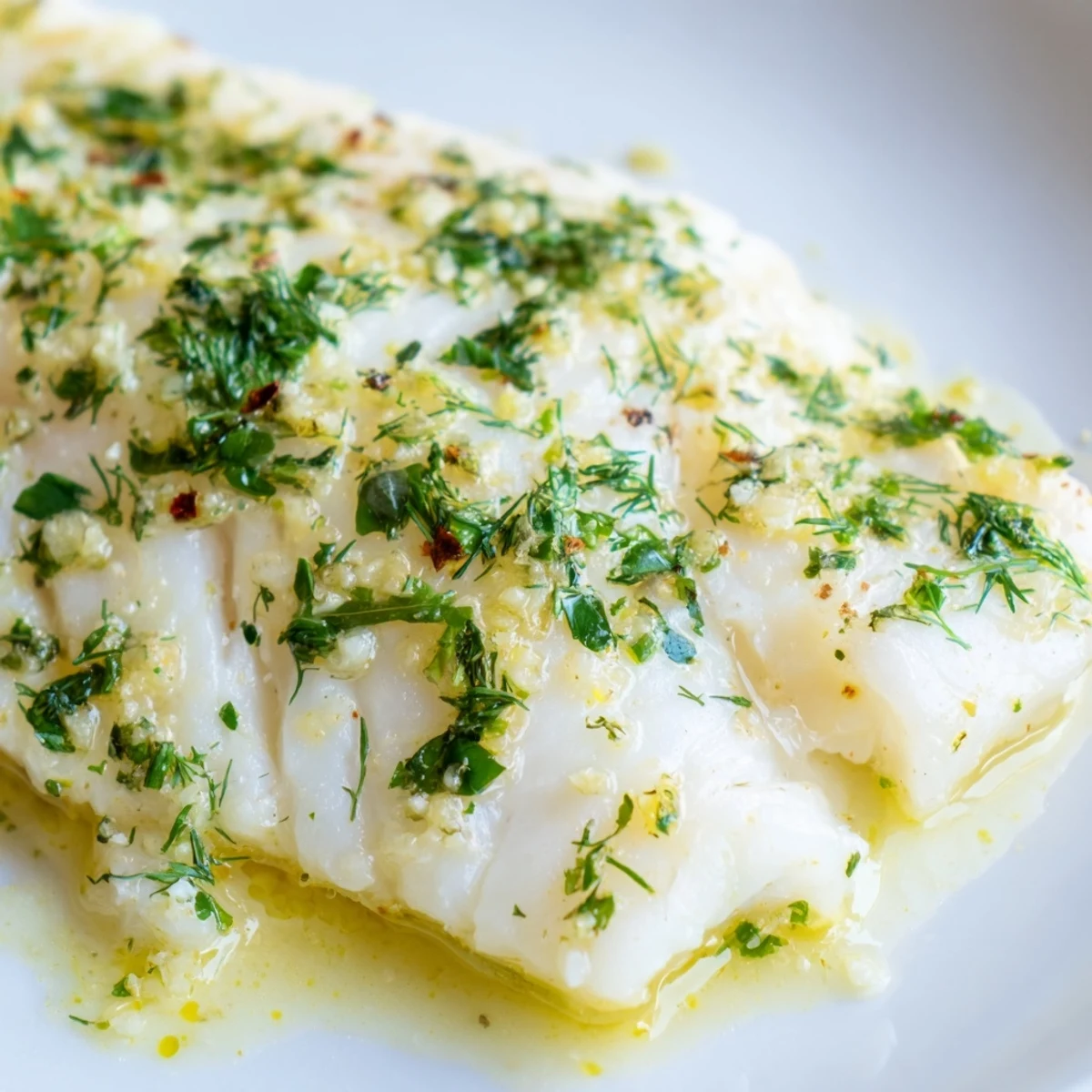 Moist Baked Cod with Garlic Butter and Herbs in a baking dish, drizzled with herb-infused butter and ready to serve.