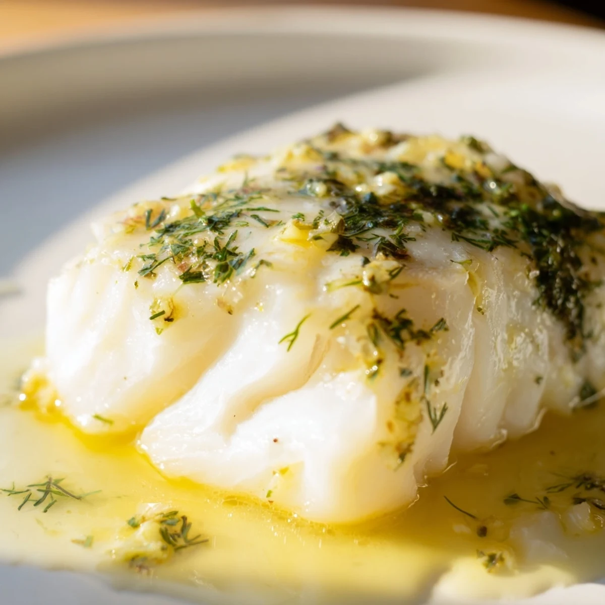 Close-up of Baked Cod with Garlic Butter and Herbs showing tender white flakes and a glossy garlic butter sauce.