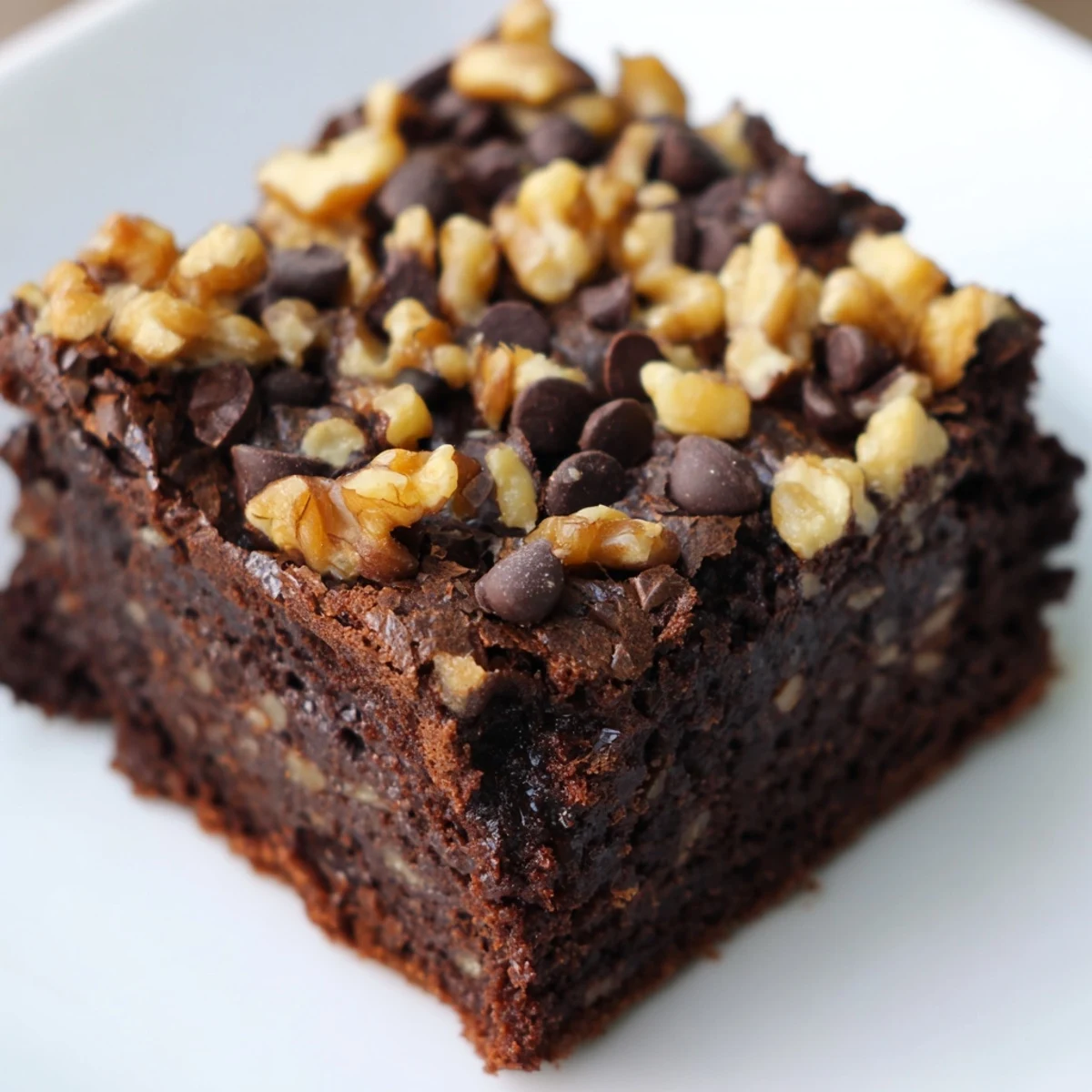 A square of Chocolate Fudge Brownies with Walnuts served on a white plate, showcasing dense chocolate layers.