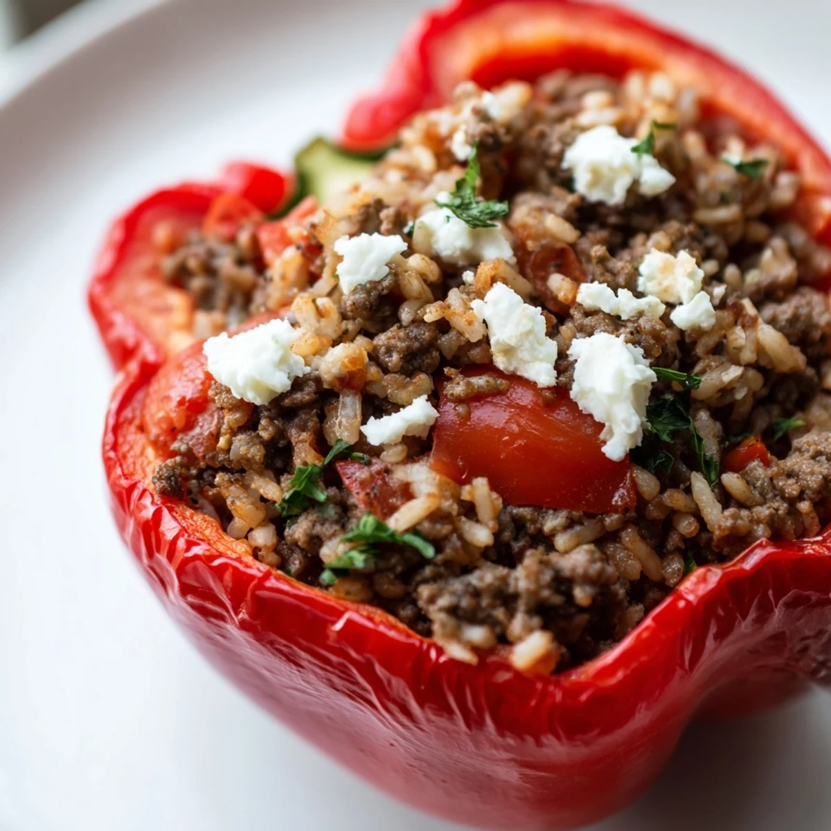 Close-up of Mediterranean Stuffed Bell Peppers with Beef showcasing the savory beef, rice, and feta filling.