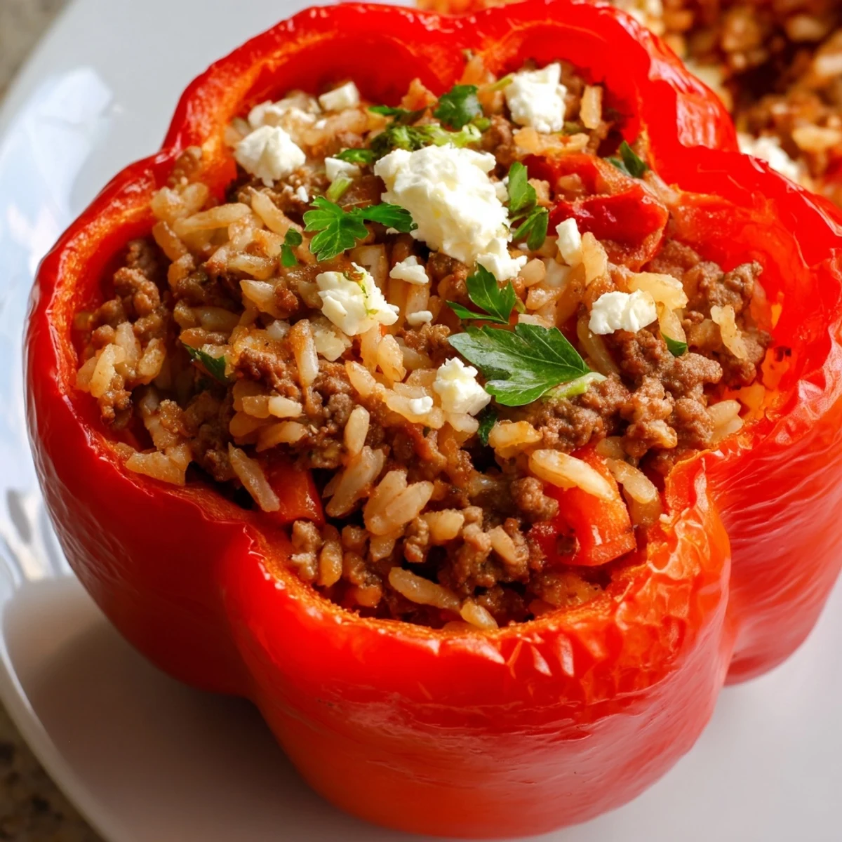 Freshly baked Mediterranean Stuffed Bell Peppers with Beef in a ceramic dish, steam rising from the peppers.