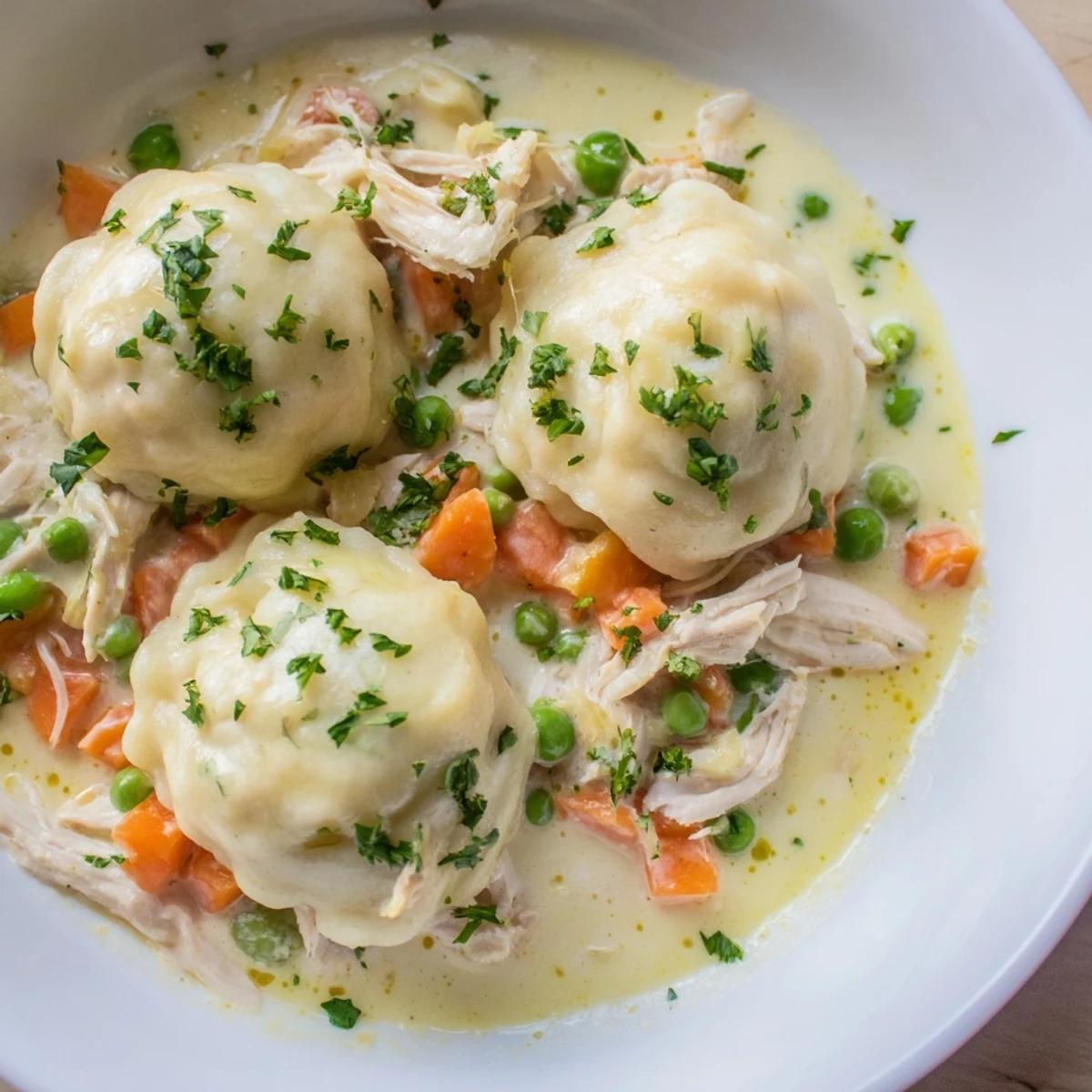 Slow Cooker Chicken and Dumplings in a bowl with creamy broth, tender chicken chunks, fluffy dumplings, and sliced carrots