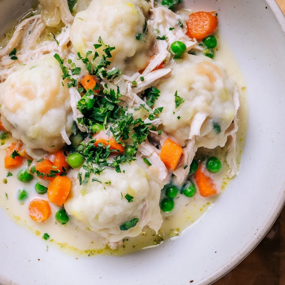A hearty bowl of Slow Cooker Chicken and Dumplings with steaming, creamy broth, shredded chicken, and fresh herbs