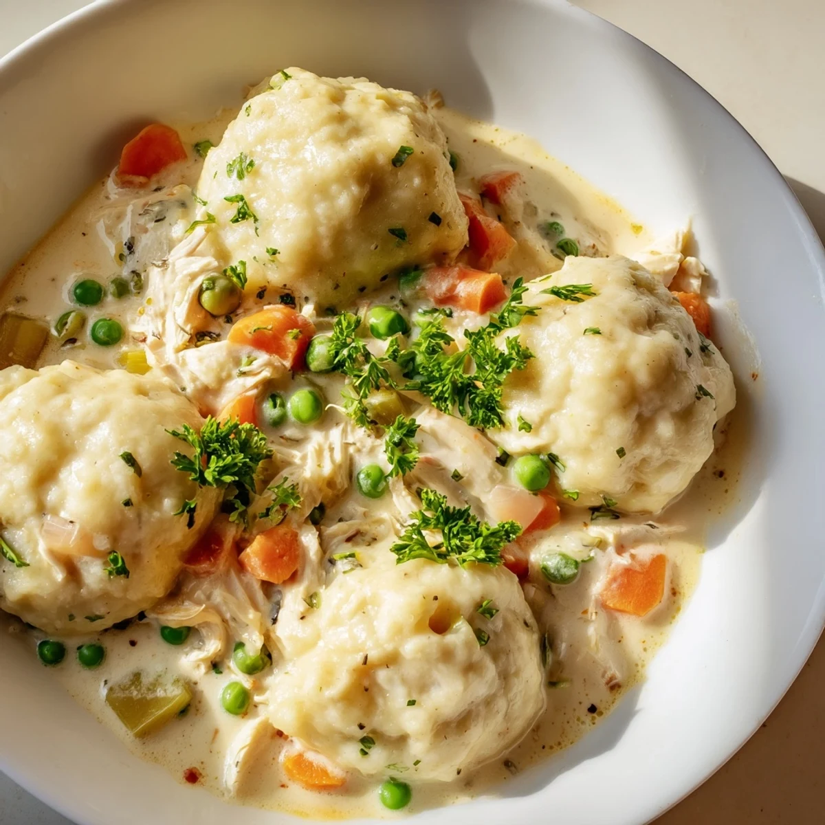 Top-down view of Slow Cooker Chicken and Dumplings featuring fluffy dumplings, peas, carrots, and celery in white ceramic bowl