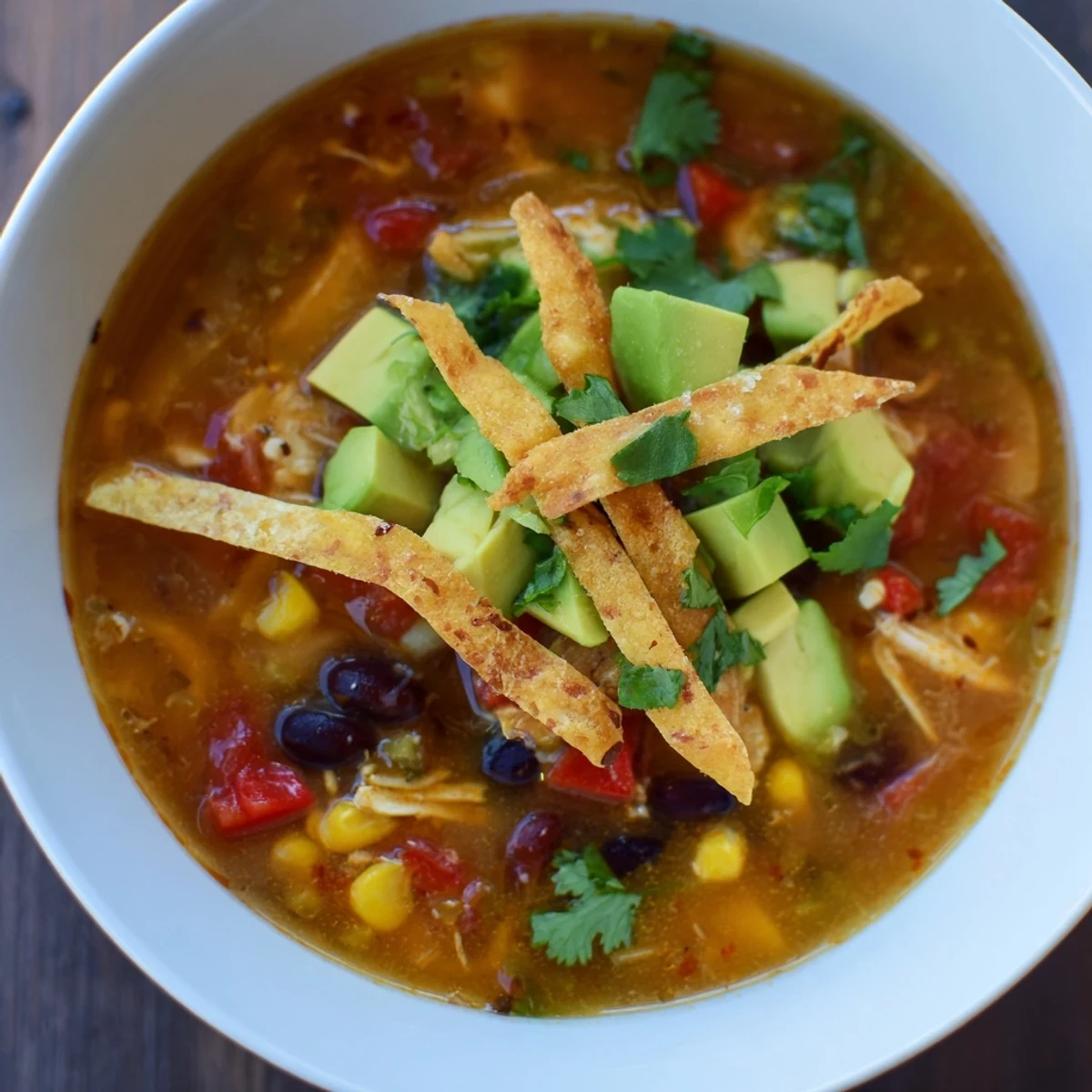 A close-up view of Spicy Chicken Tortilla Soup with Lime, featuring tender shredded chicken, black beans, and corn in a rich broth.