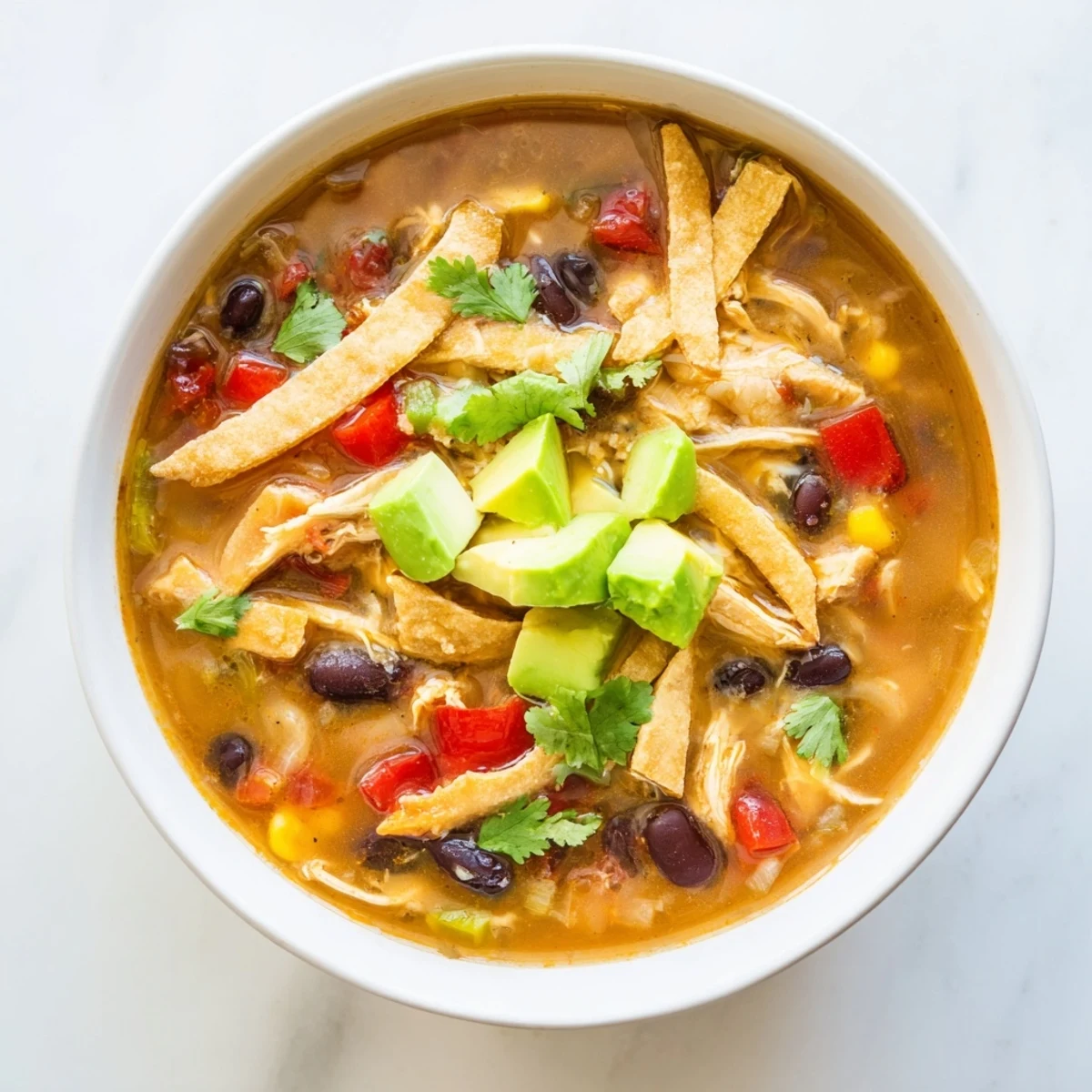 Spicy Chicken Tortilla Soup with Lime simmering in a rustic bowl, topped with crispy tortilla strips, creamy avocado, and fresh cilantro.