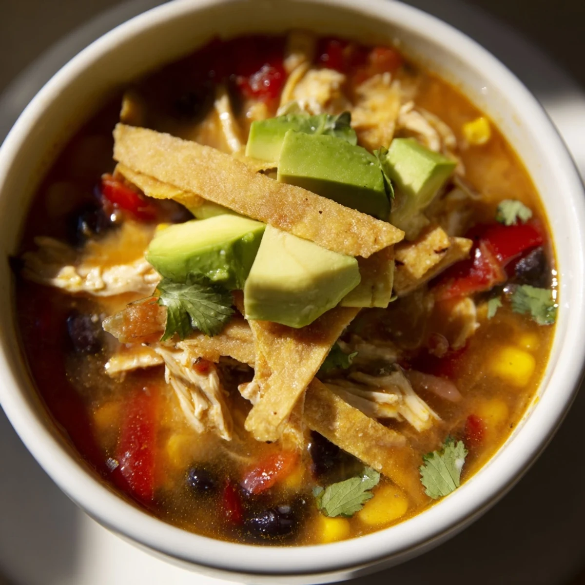 Steam rises from a bowl of Spicy Chicken Tortilla Soup with Lime, garnished with bright lime wedges and vibrant diced avocado.