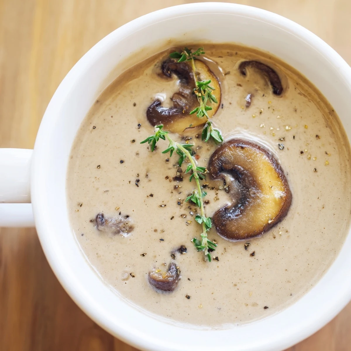 A close-up of velvety Creamy Mushroom Soup with Thyme, steam rising, fresh thyme leaves, and cracked black pepper garnish.