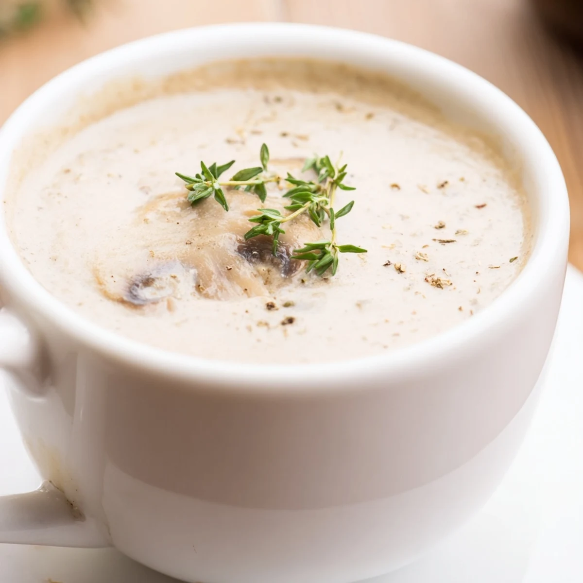 A top-down view of creamy mushroom soup with thyme garnish served in a rustic white bowl, beside a slice of crusty bread.