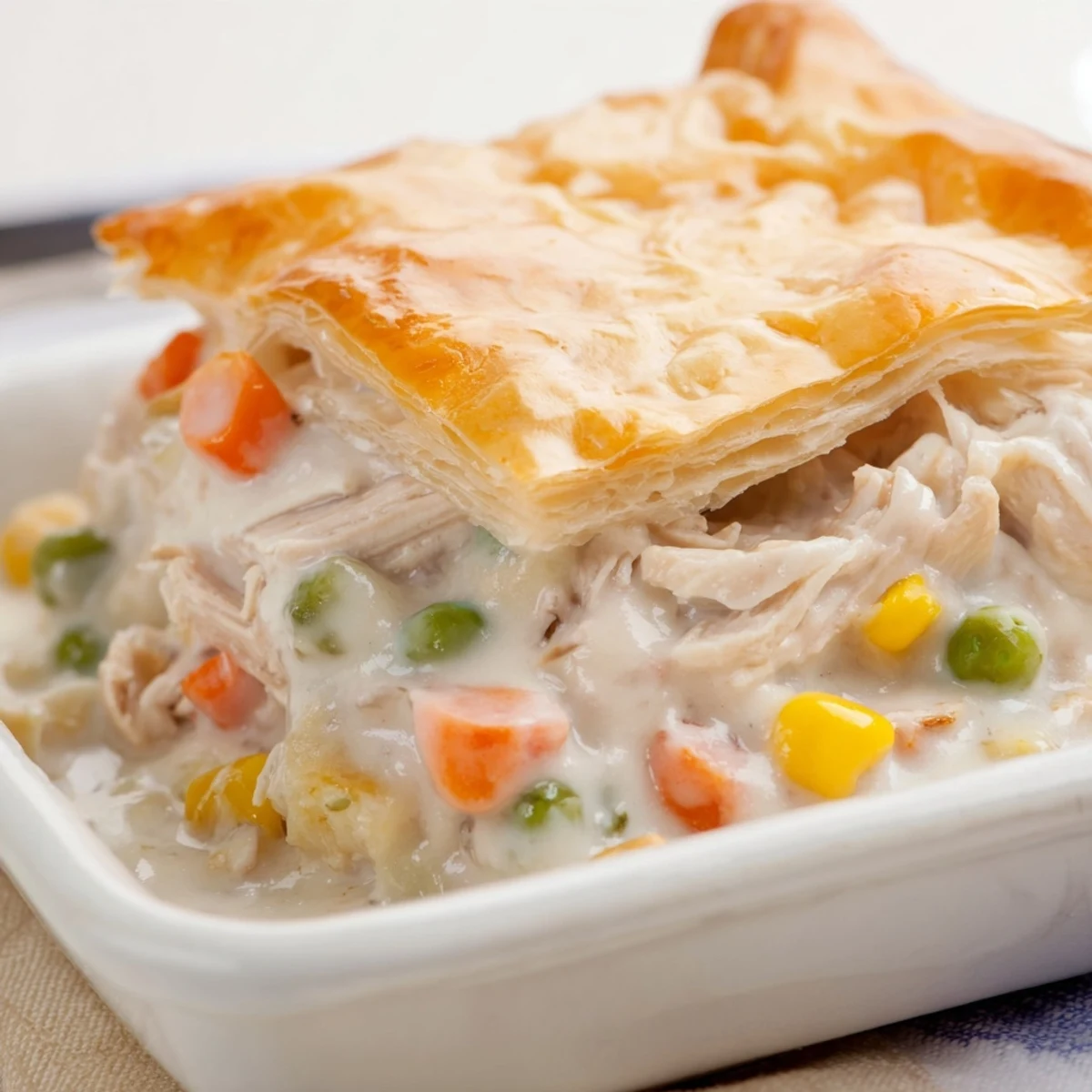 A hearty slice of Chicken Pie Casserole served on a plate with a fresh green salad.