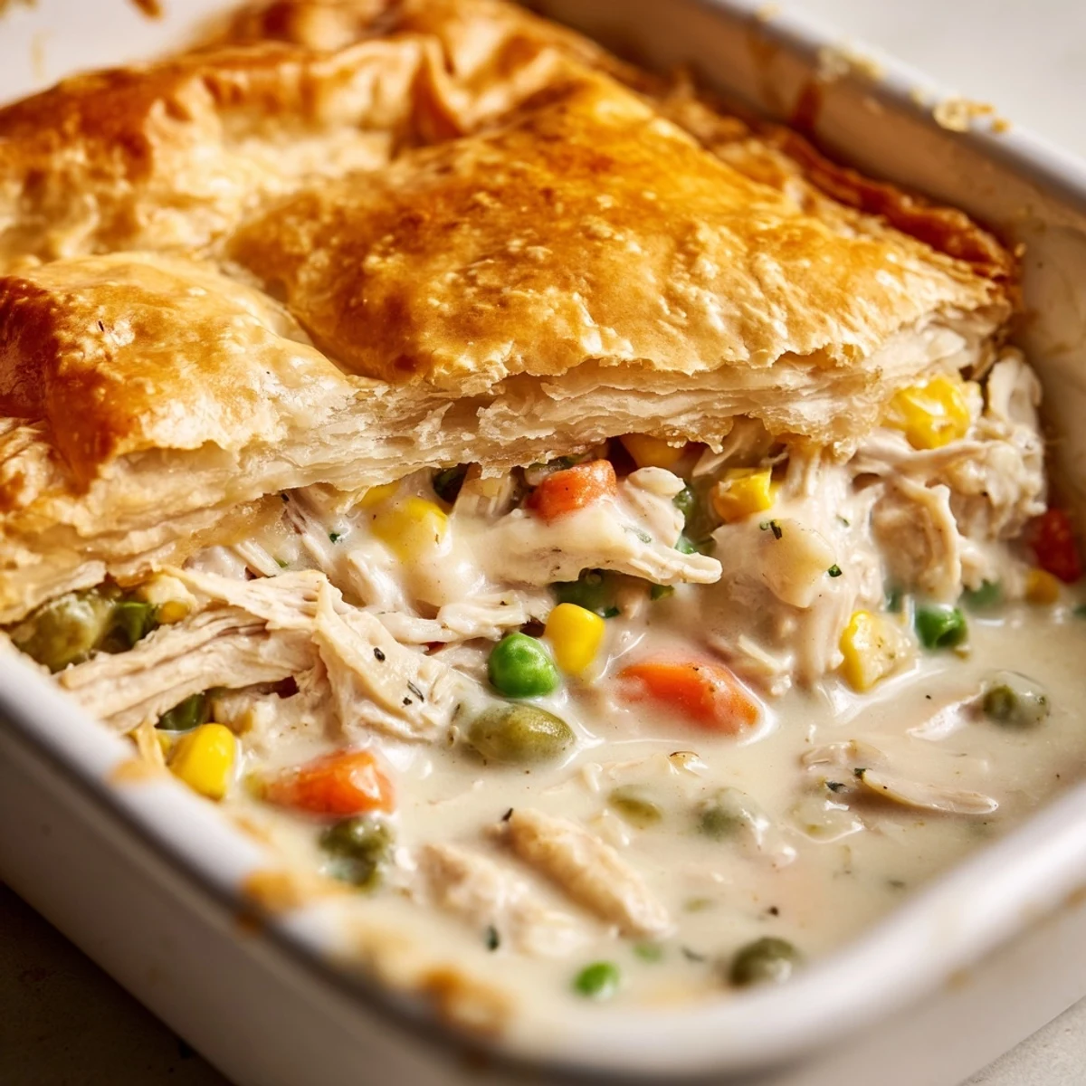 Close-up of bubbly Chicken Pie Casserole filling peeking through flaky crust in a rustic baking dish.