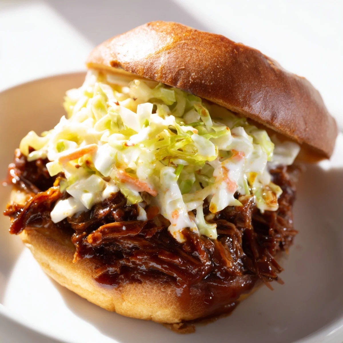 Tender shredded beef barbecue with crisp tangy slaw on a toasted roll.