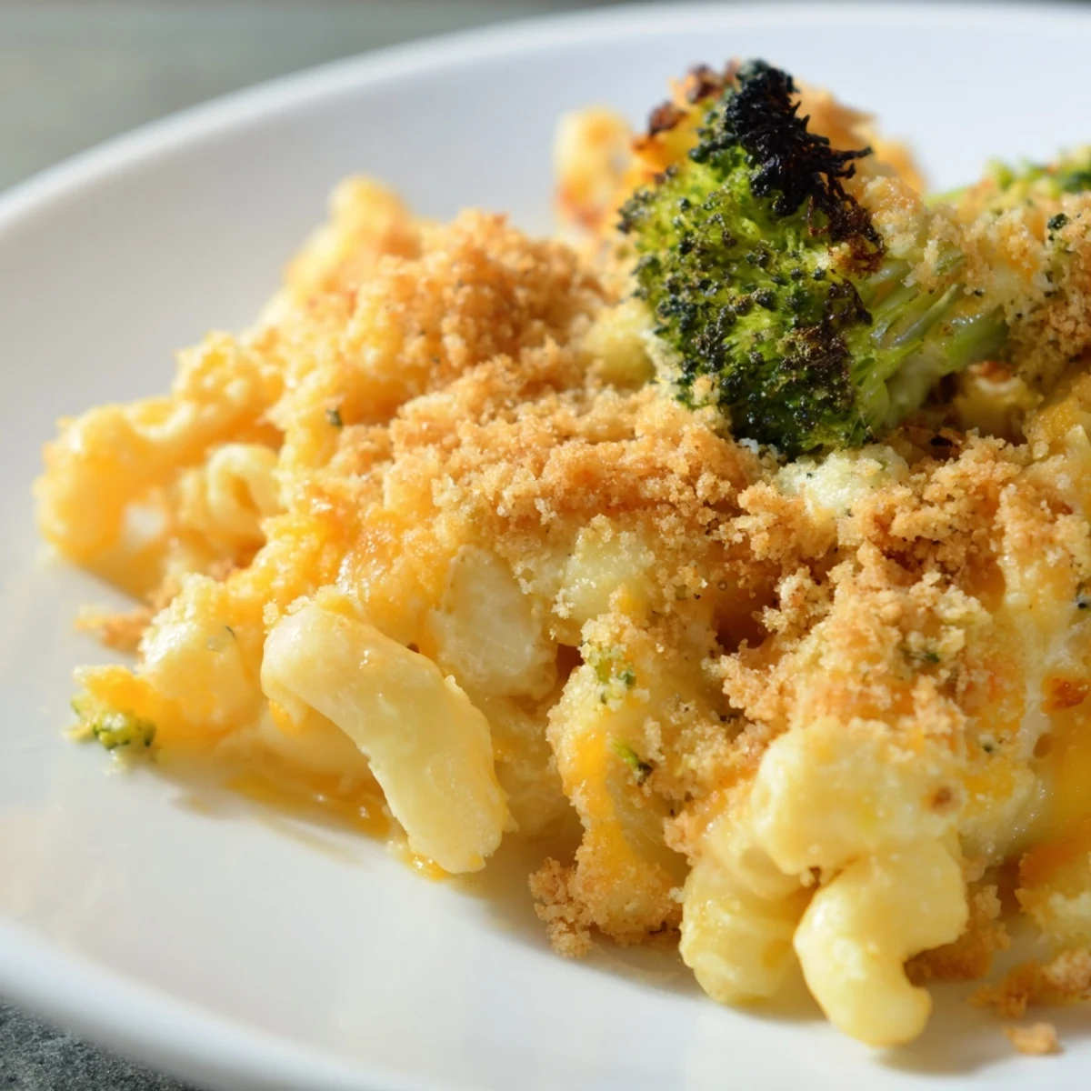 Golden-brown Baked Macaroni and Cheese with Roasted Broccoli bubbling in a ceramic dish, topped with crunchy panko.