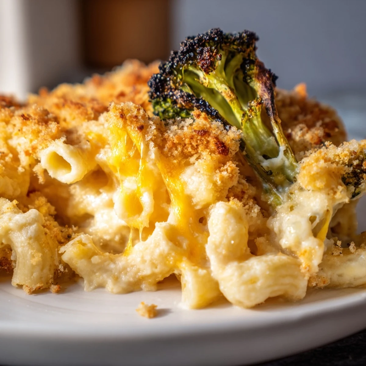Baked Macaroni and Cheese with Roasted Broccoli served fresh from the oven, showing creamy cheddar sauce and crisp green florets.