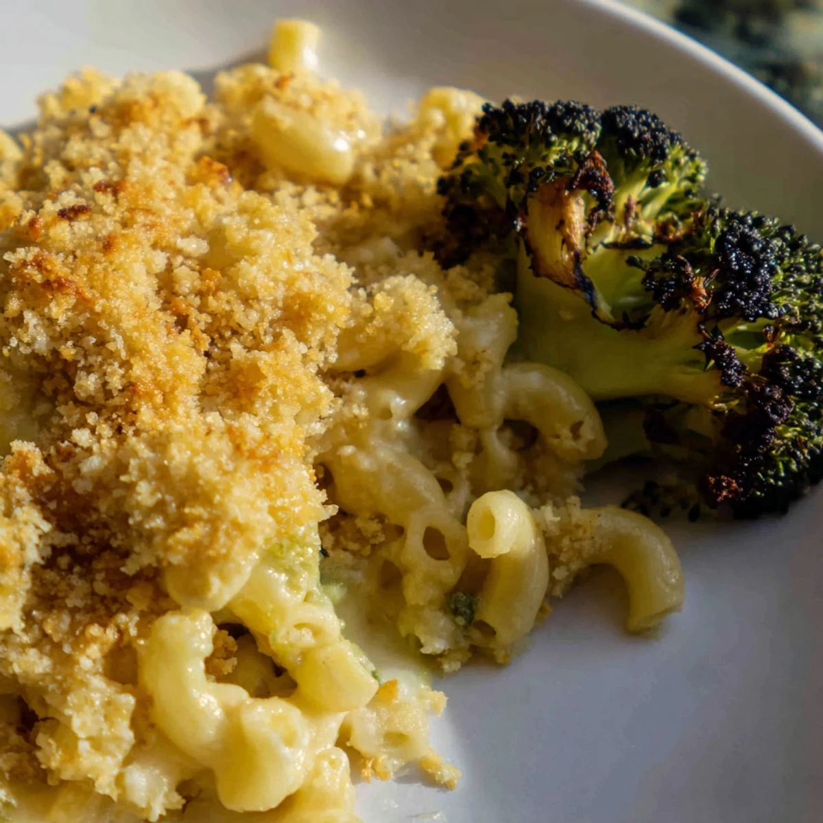 Comforting Baked Macaroni and Cheese with Roasted Broccoli on a rustic table, ready to be scooped onto a plate.