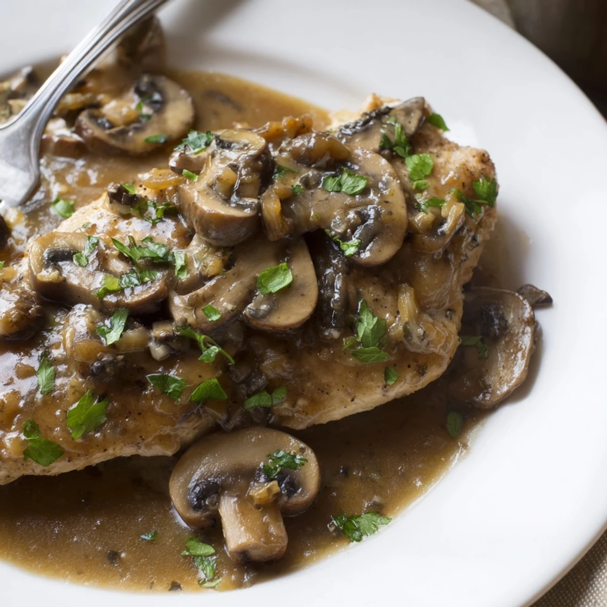 Golden-brown chicken breasts smothered in a rich mushroom sauce, garnished with fresh parsley for this Chicken Marsala.