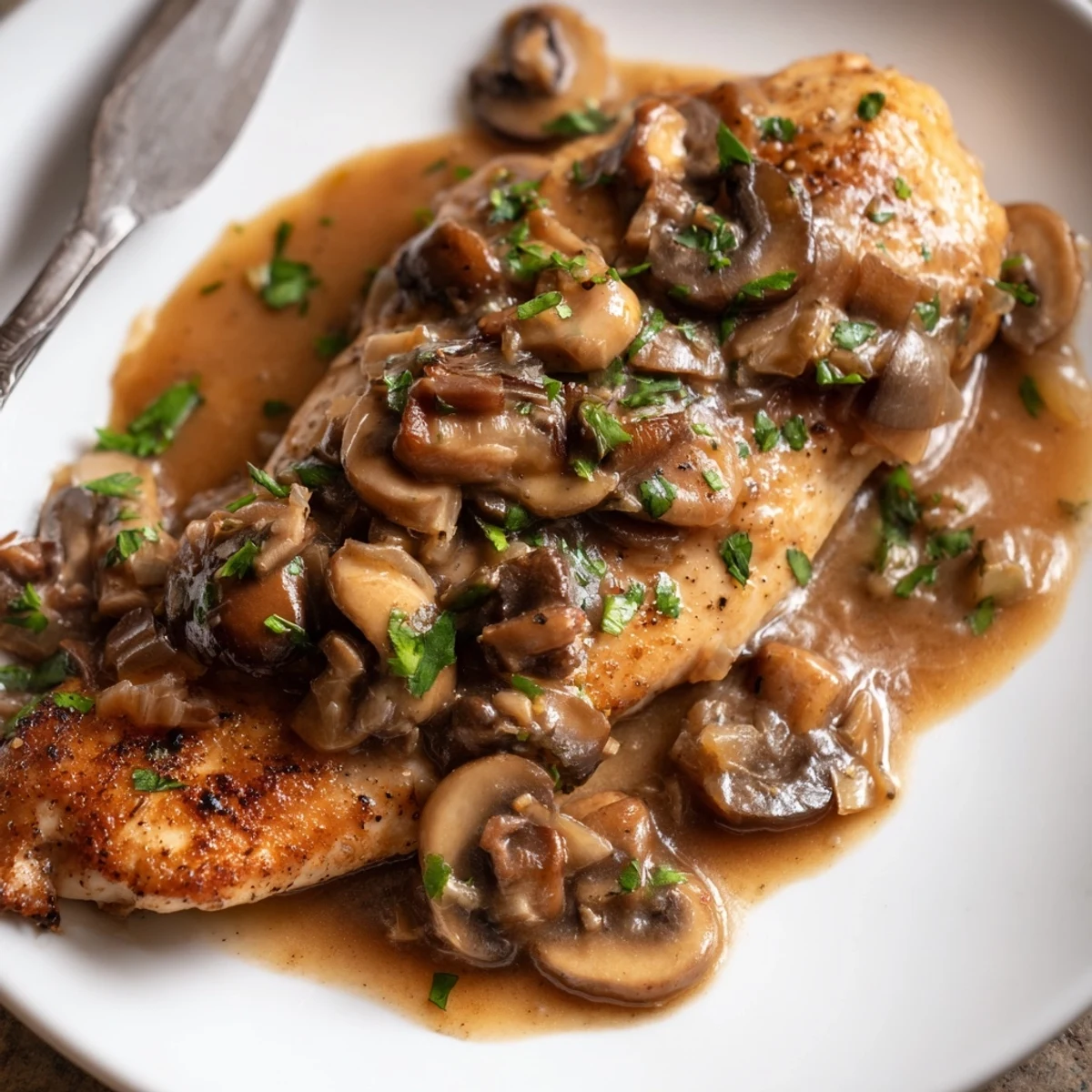 Tender Chicken Marsala served over creamy mashed potatoes with sautéed mushrooms and a bright lemon garnish.