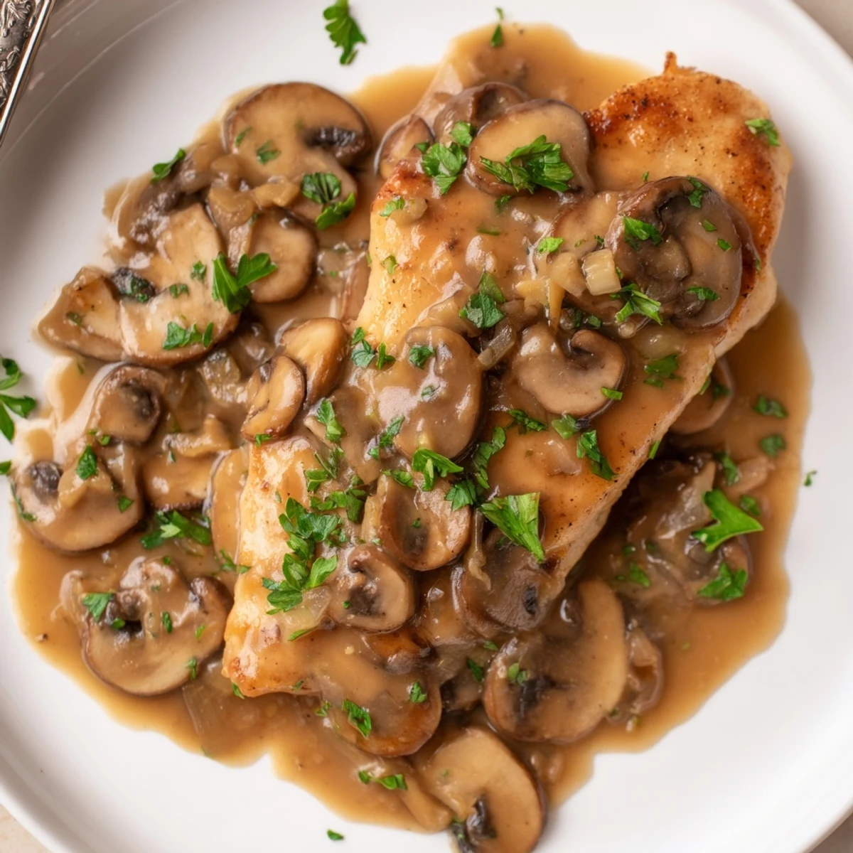 Close-up of juicy Chicken Marsala with cremini mushrooms and chopped parsley in a savory, non-alcoholic sauce.