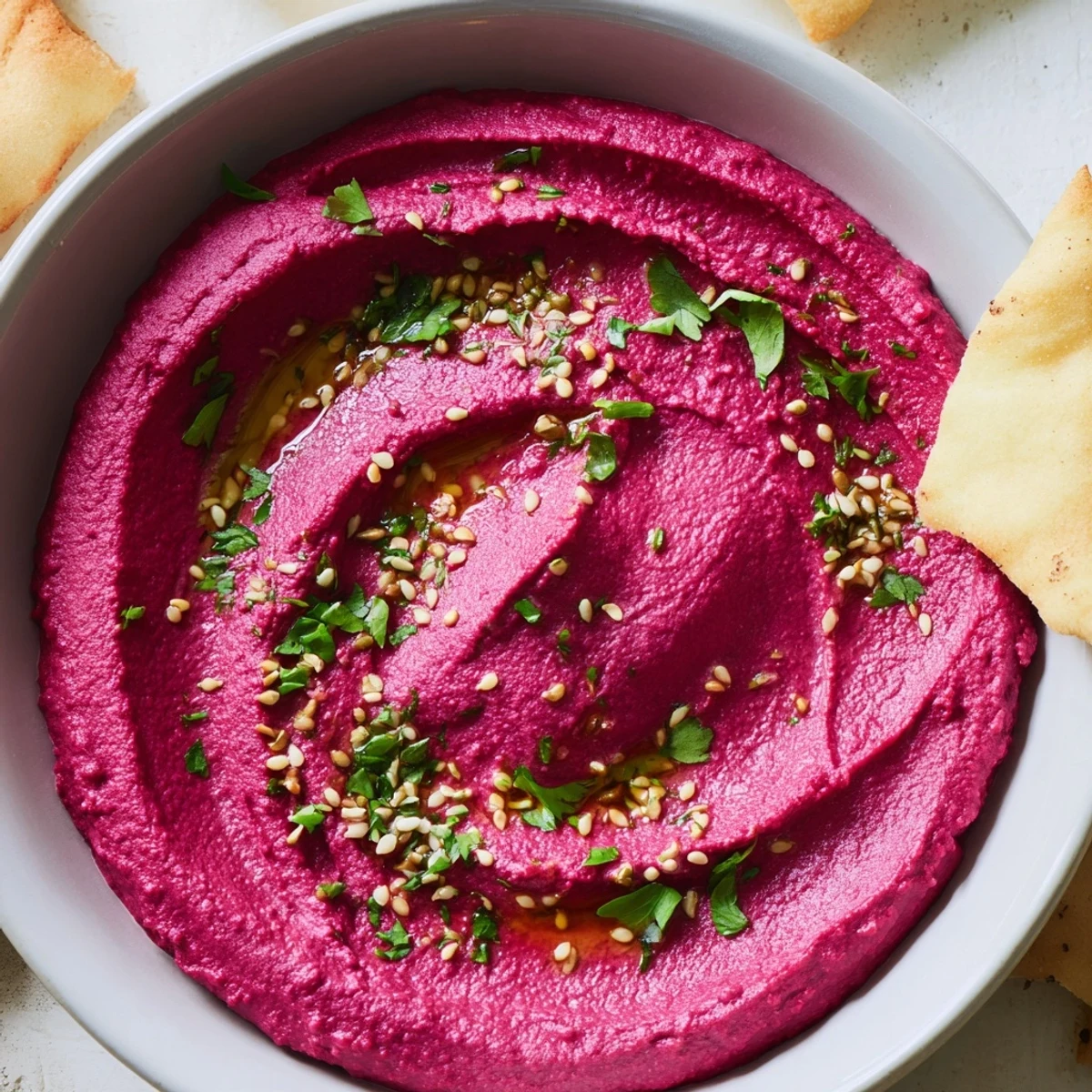 Creamy, pink Roasted Beet Hummus garnished with parsley and sesame seeds, served alongside golden, crispy toasted pita chips for dipping.