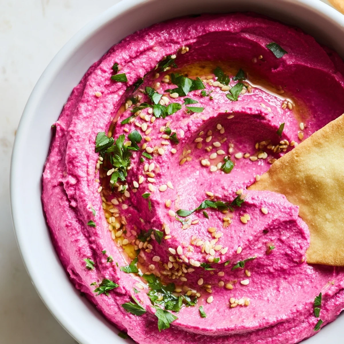Vibrant Roasted Beet Hummus topped with sesame seeds, paired with warm, crisp pita chips, perfect for a colorful appetizer spread.