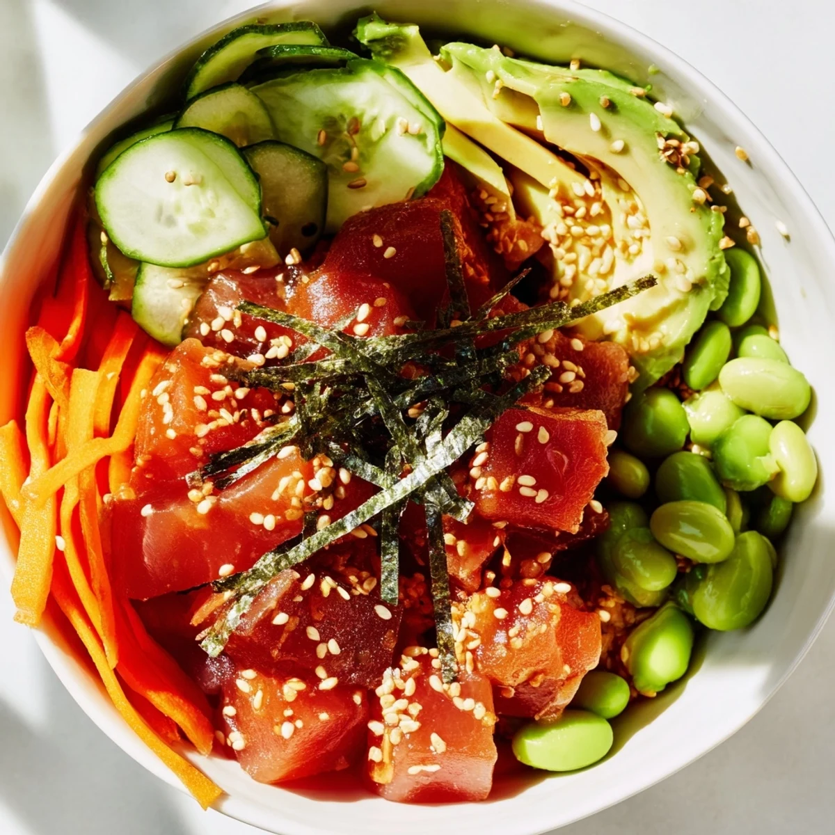 Colorful diced tuna poke with avocado and cucumber nestled on sushi rice, garnished with nori strips and green onions for extra umami flavor.