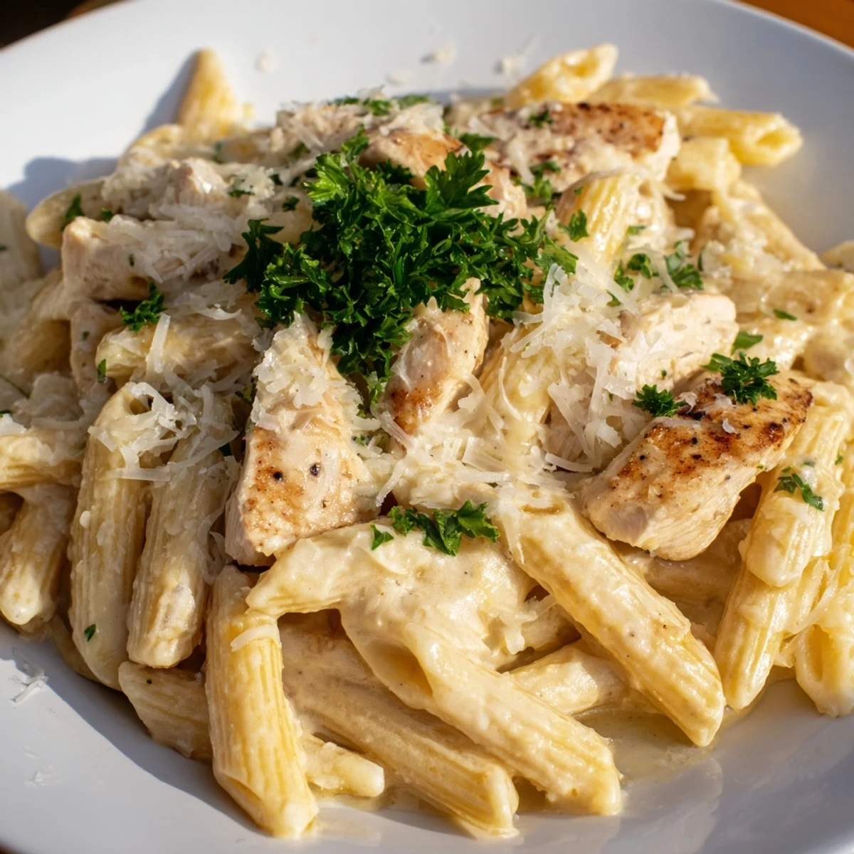 Creamy Chicken Alfredo with Penne is served hot with fresh parsley and extra Parmesan, featuring golden chicken slices nestled in rich sauce.