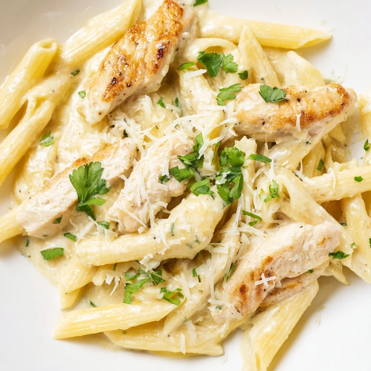 Freshly cooked penne pasta is tossed in a creamy Alfredo sauce with tender chicken, garnished with chopped parsley on a white plate.