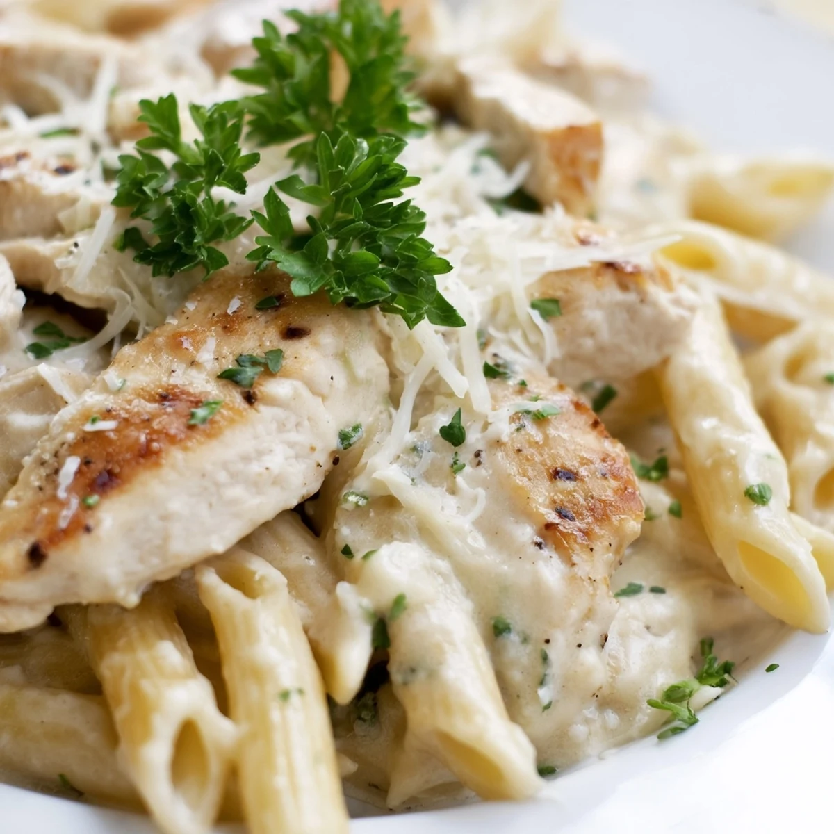 A close-up of Creamy Chicken Alfredo with Penne reveals glossy sauce coating ridges, steaming chicken slices, and a side of grated Parmesan.