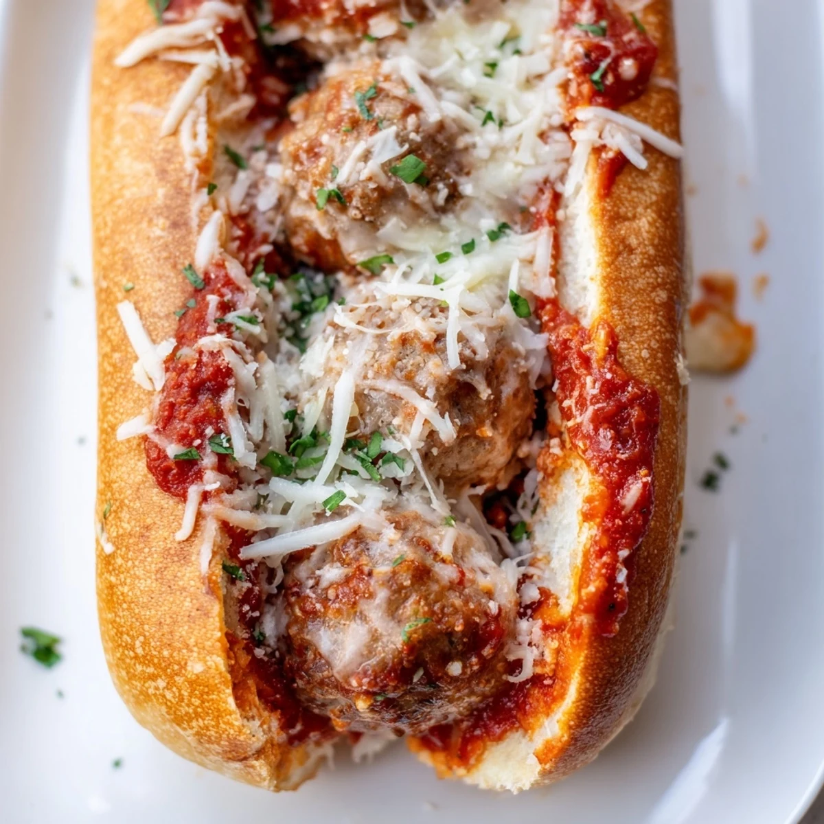 Golden brown turkey meatballs simmer in rich marinara sauce inside toasted sub rolls, melted mozzarella and parmesan cheese bubbling over the edges of this classic hot sandwich.