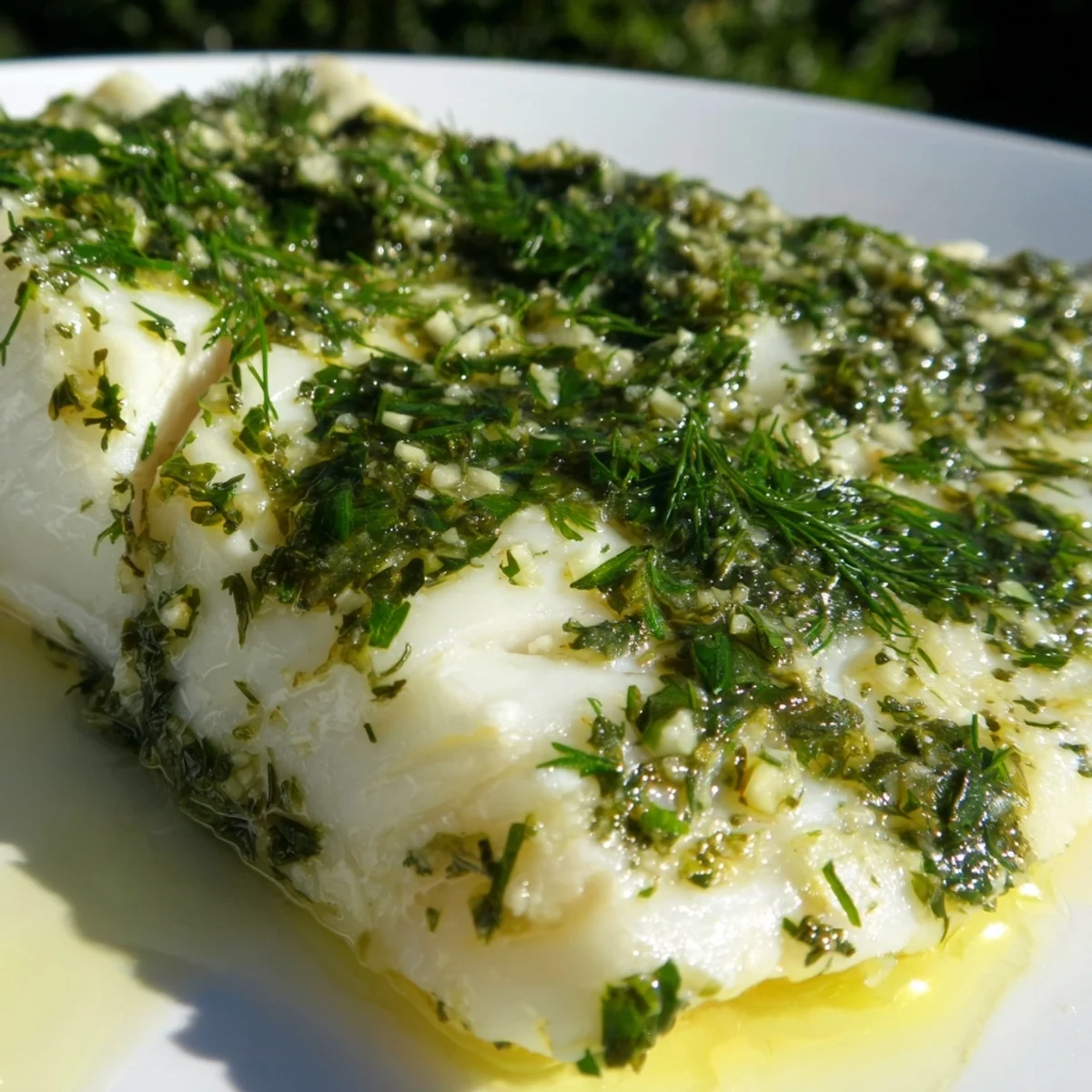 Herb-crusted baked halibut with butter served alongside roasted asparagus and baby potatoes for dinner.
