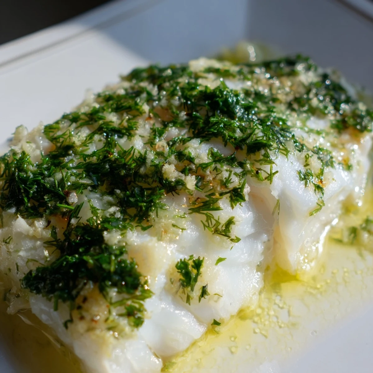 Flaky baked halibut with herbs and butter, topped with fresh dill and chives on white dish.