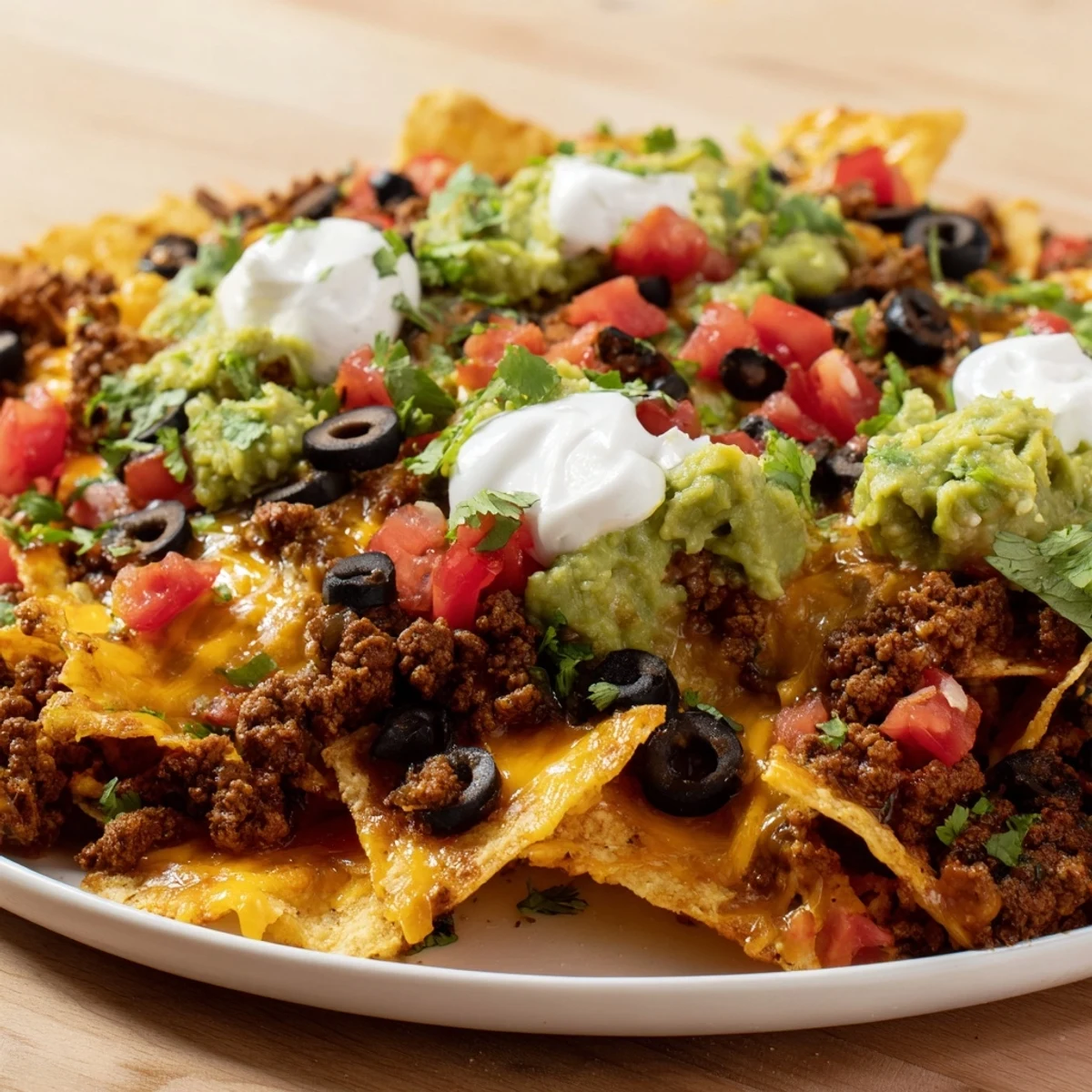 Golden, bubbly cheese melts over crispy tortilla chips, layered with seasoned beef on this loaded Beef Nacho Platter with All Toppings.
