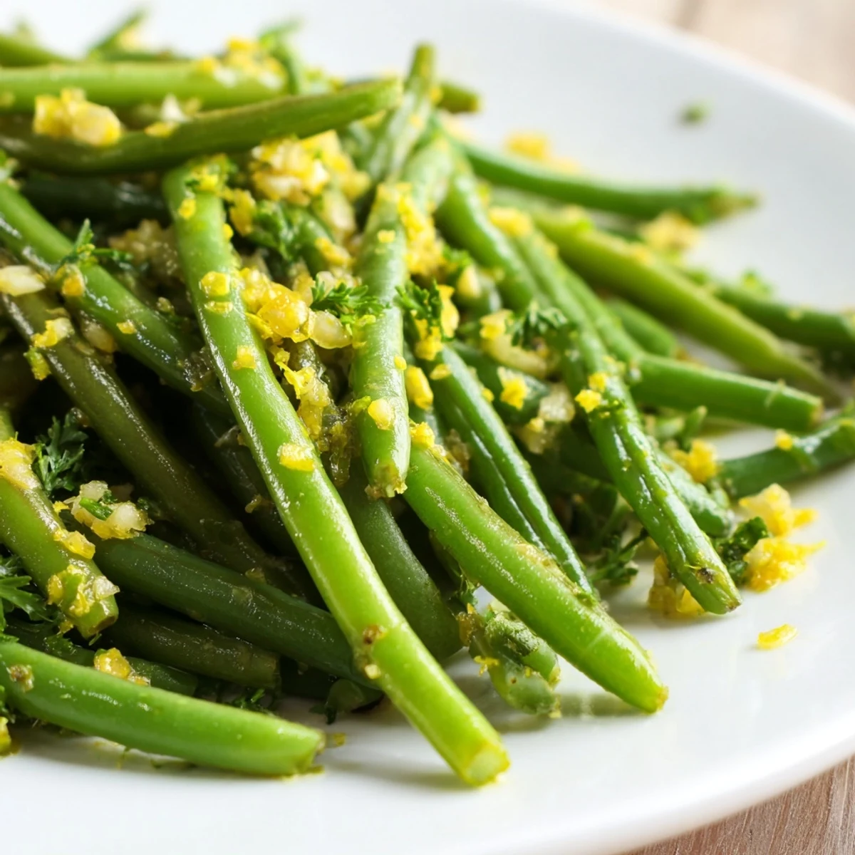 Bright green beans glistening with fresh lemon juice and minced garlic, served warm as a zesty vegan side.