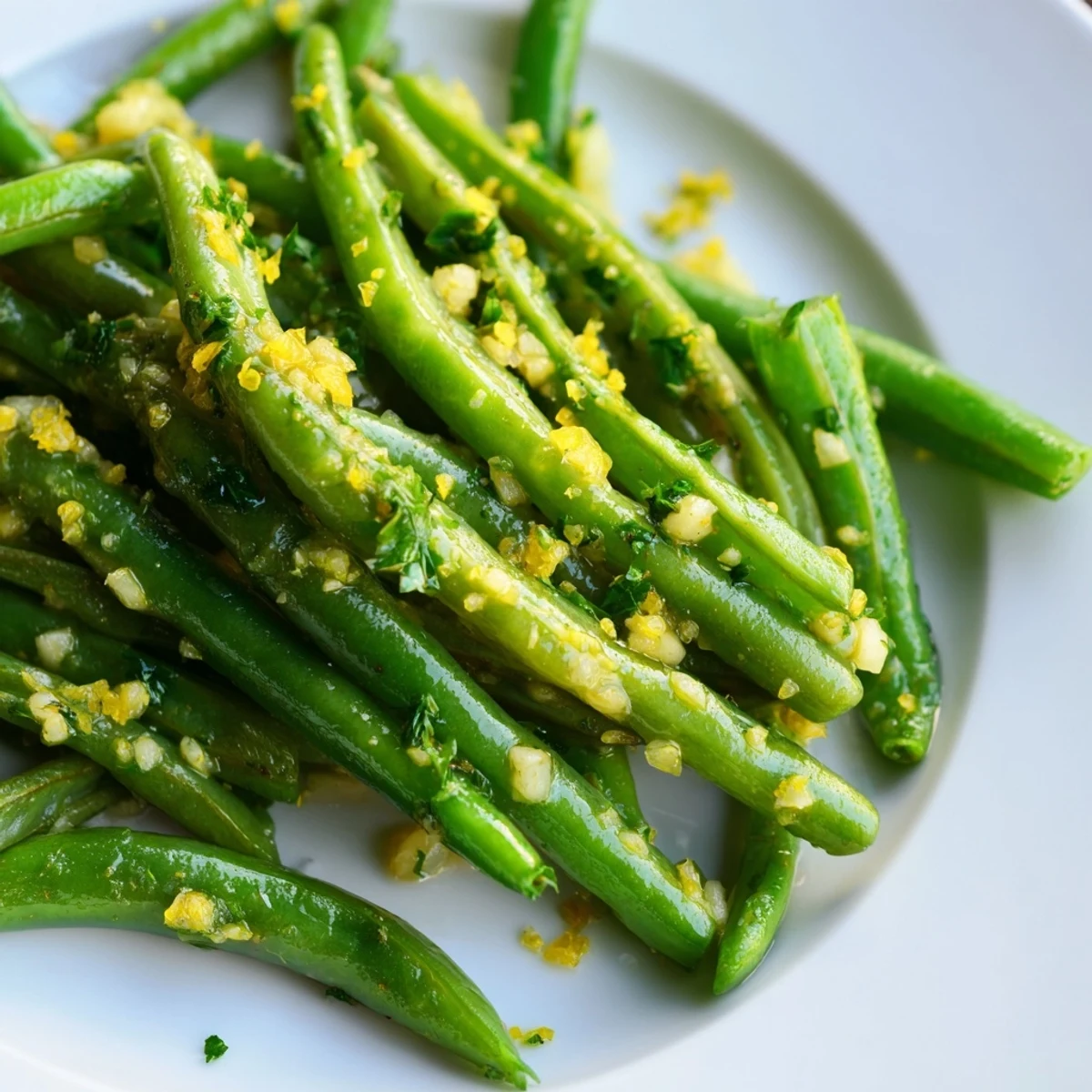 Tender crisp Lemon Green Beans with minced garlic, ready to serve as a vibrant, gluten-free American side dish.