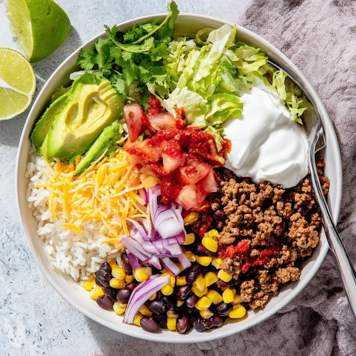 A close-up of a vibrant Beef Burrito Bowl with seasoned ground beef, cilantro lime rice, black beans, corn, and fresh toppings.