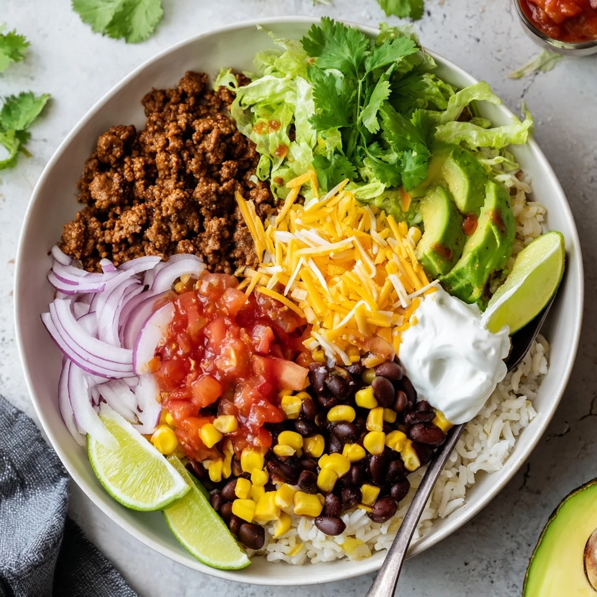 Colorful Beef Burrito Bowl filled with seasoned beef, fluffy rice, black beans, corn, tomatoes, avocado, cheese, and sour cream.