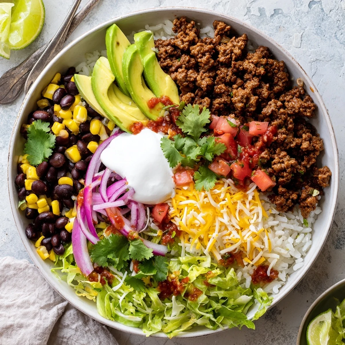 Steaming Beef Burrito Bowl with seasoned beef, cilantro lime rice, black beans, corn, and vibrant toppings for a hearty meal.